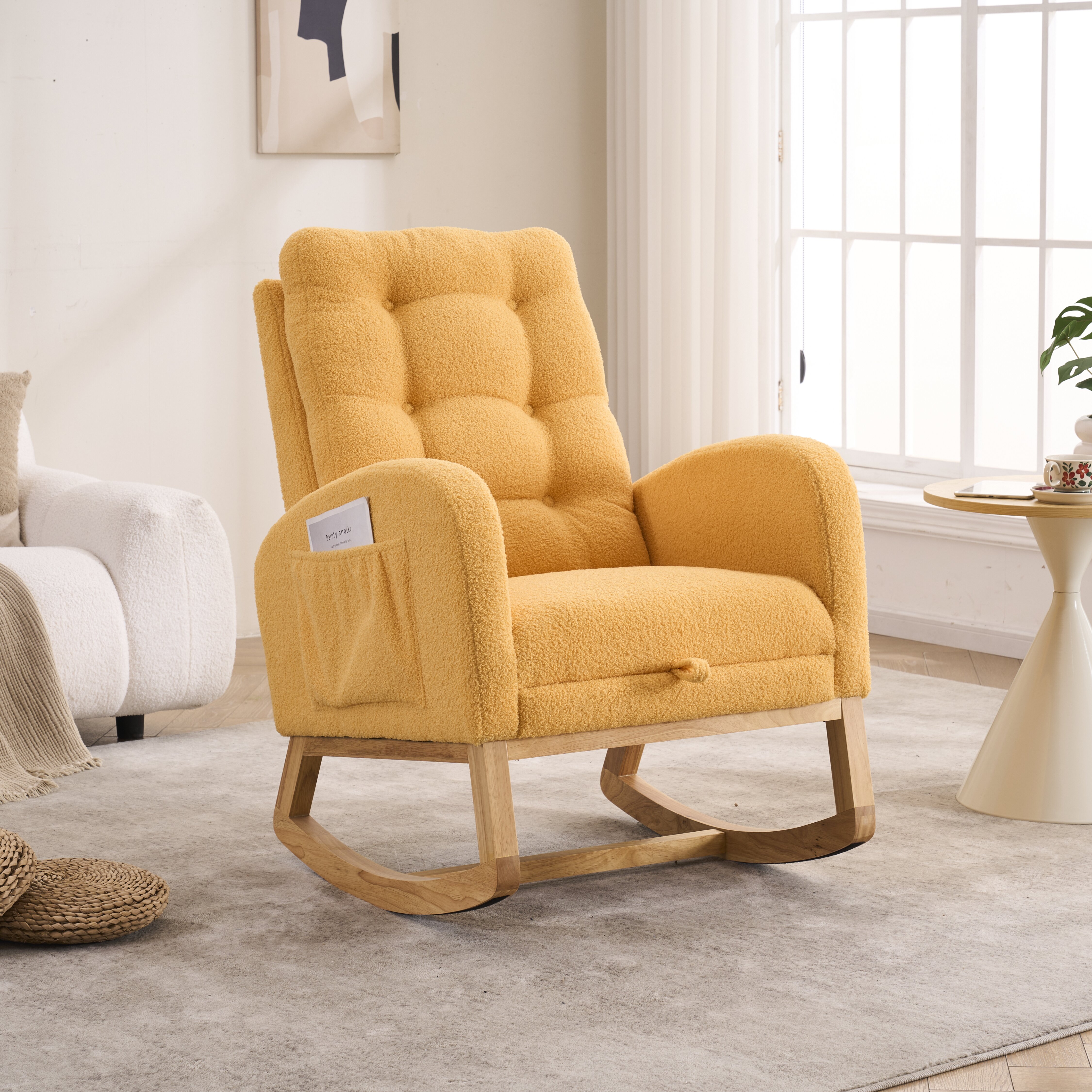 LY-5104 Yellow  Accent Rocking  Chair With  Footrest High Back Rubber Wood Rocking Legs Bedroom Living Space   26.77D X 38.36W X 39.76H Inch - Image 1