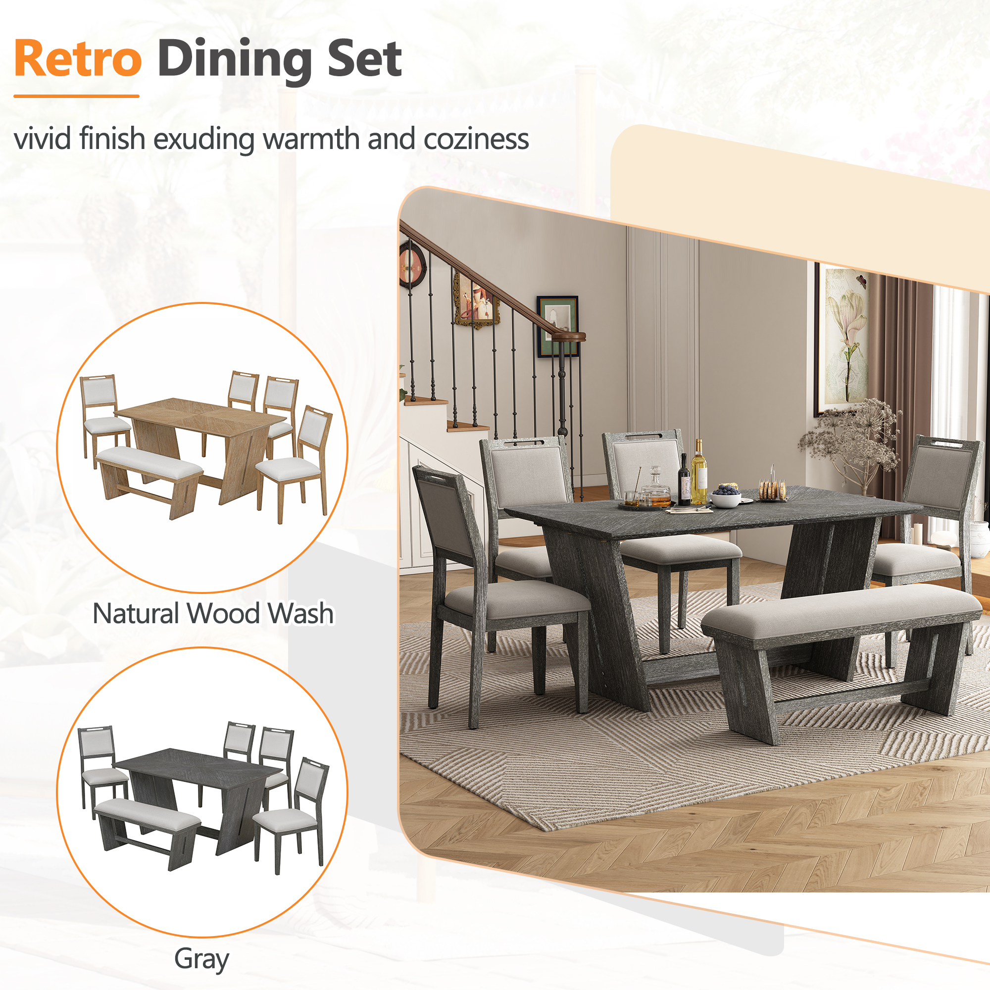 TREXM 6-Piece Retro Dining Table Set for 6 60 Wood Kitchen Table — photo 5