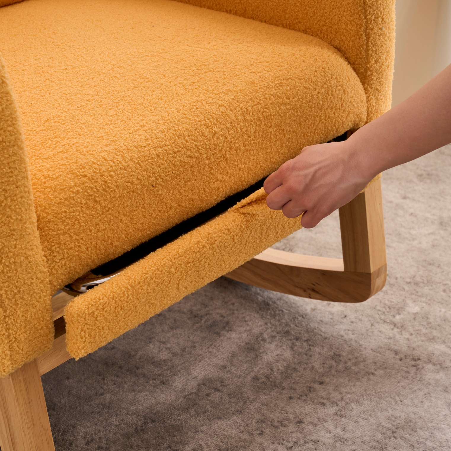 LY-5104 Yellow  Accent Rocking  Chair With  Footrest High Back Rubber Wood Rocking Legs Bedroom Living Space   26.77D X 38.36W X 39.76H Inch