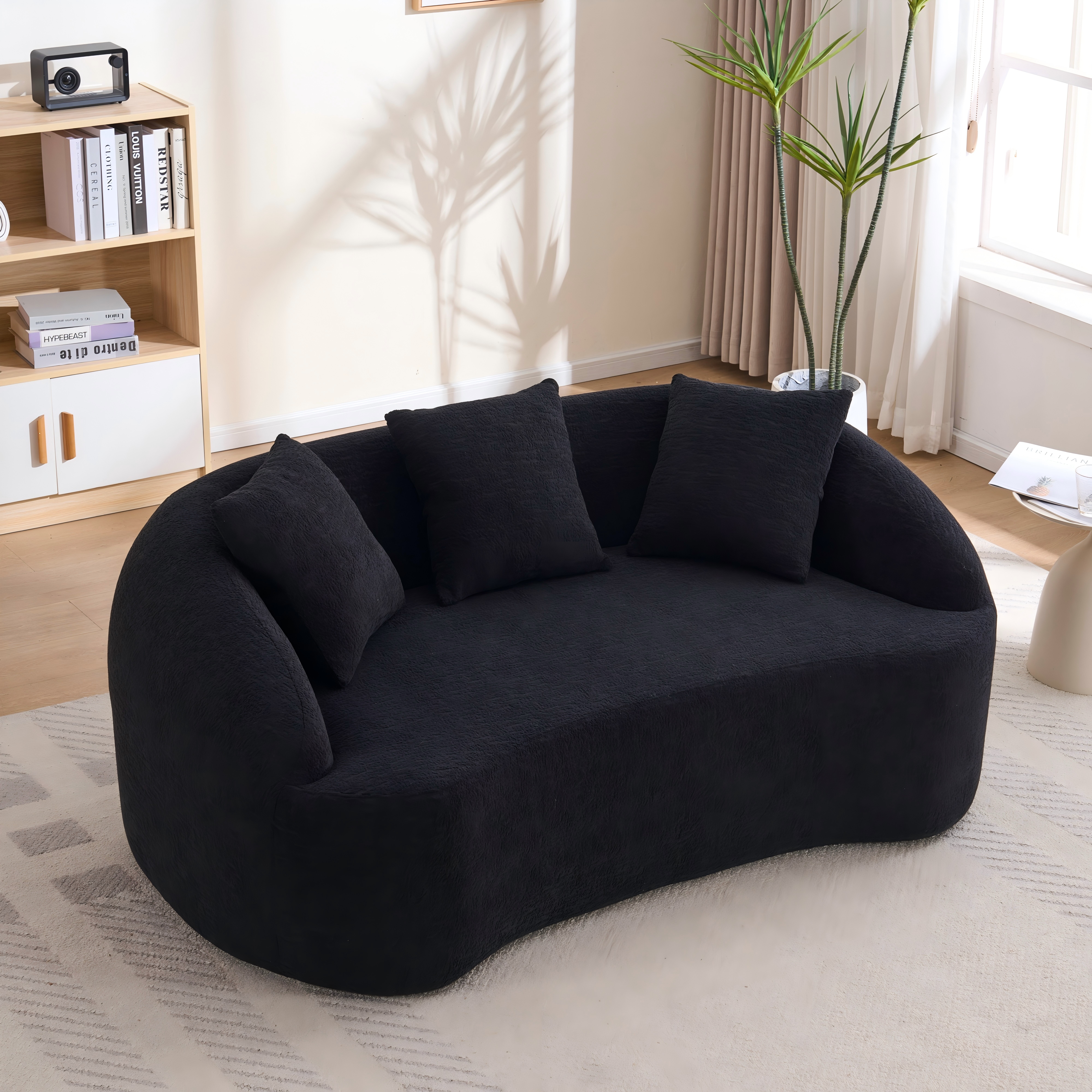 LY-049S Curved Modern Boneless Sofa Loveseat  Backrest Upgrade  2-Seater Black Chenille Compression Couch With 3 Pillows  Minimalist Modular Couches For Living Room  Office  Apartment  Guest Room