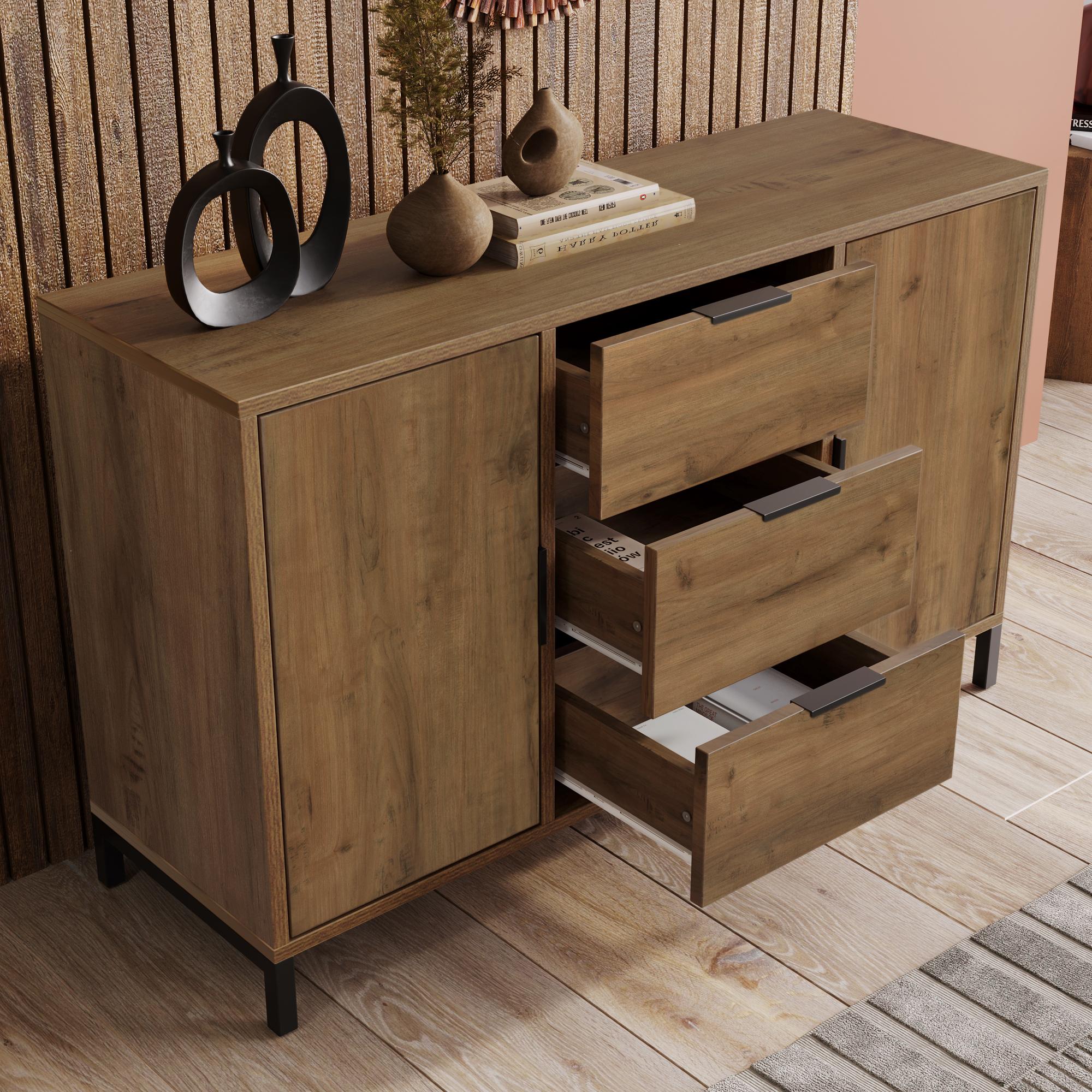 835556AAD Sideboard Cabinet For Living Room, Chest Of Drawers With 2 Doors And 3 Drawers, Adjustable Shelf, Dark Oak, 40D X 120W X 76H Cm - Image 1