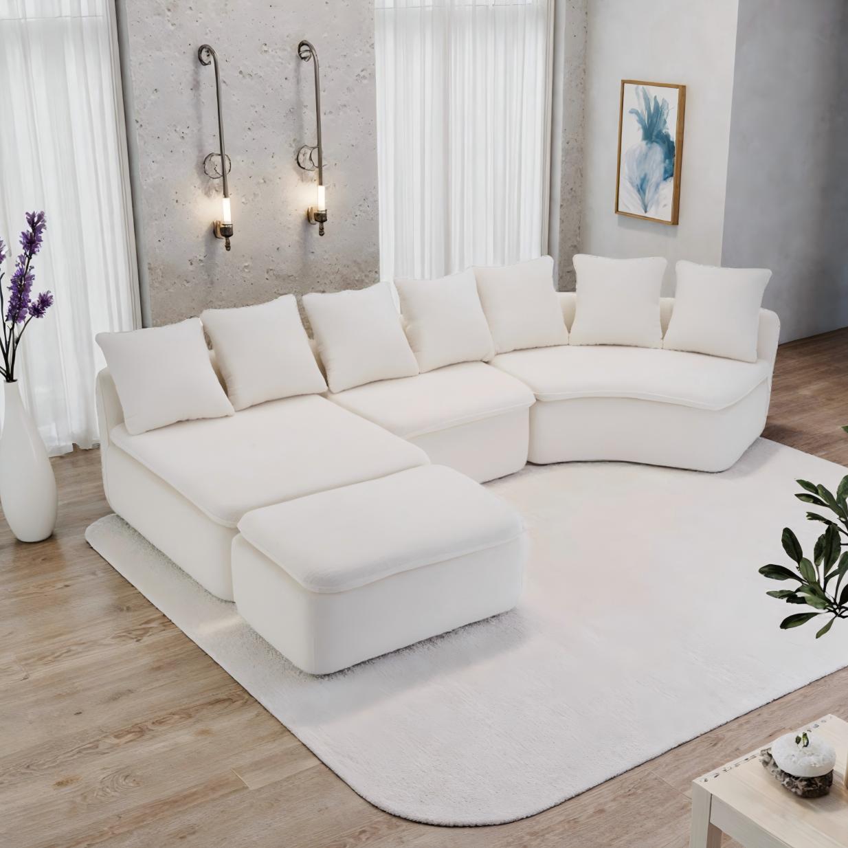 133'' Modular U-Shaped Sectional Compression Sofa With Removable Recliner Module White Woodgrain Chenille Boneless Ideal For Large Living Rooms Or Bedrooms Flexible Configuration For A Versatile - Image 1