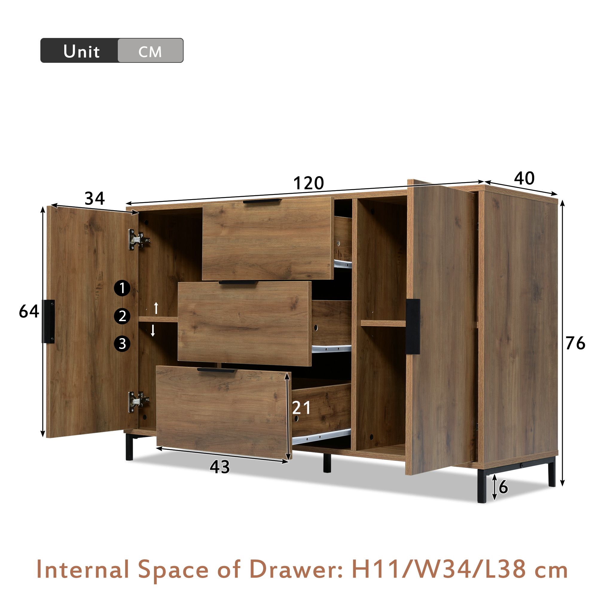 835556AAD  Sideboard Cabinet For Living Room, Chest Of Drawers With 2 Doors And 3 Drawers, Adjustable Shelf, Dark Oak, 40D X 120W X 76H Cm