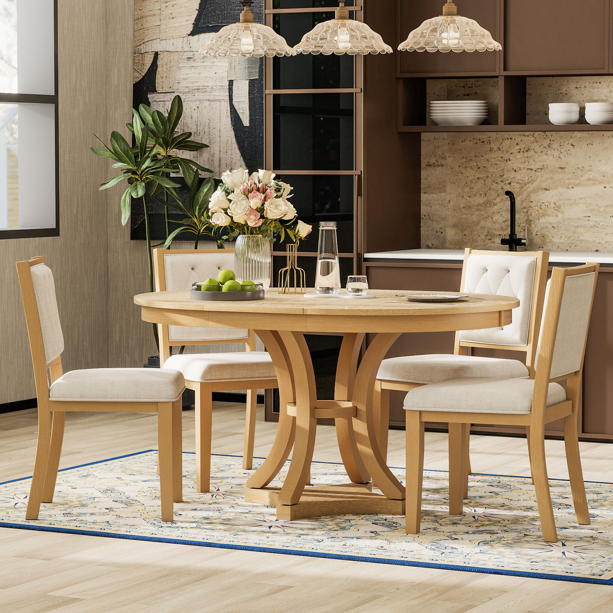 TREXM 5-Piece Retro Functional Dining Table Set Extendable Round β photo 4