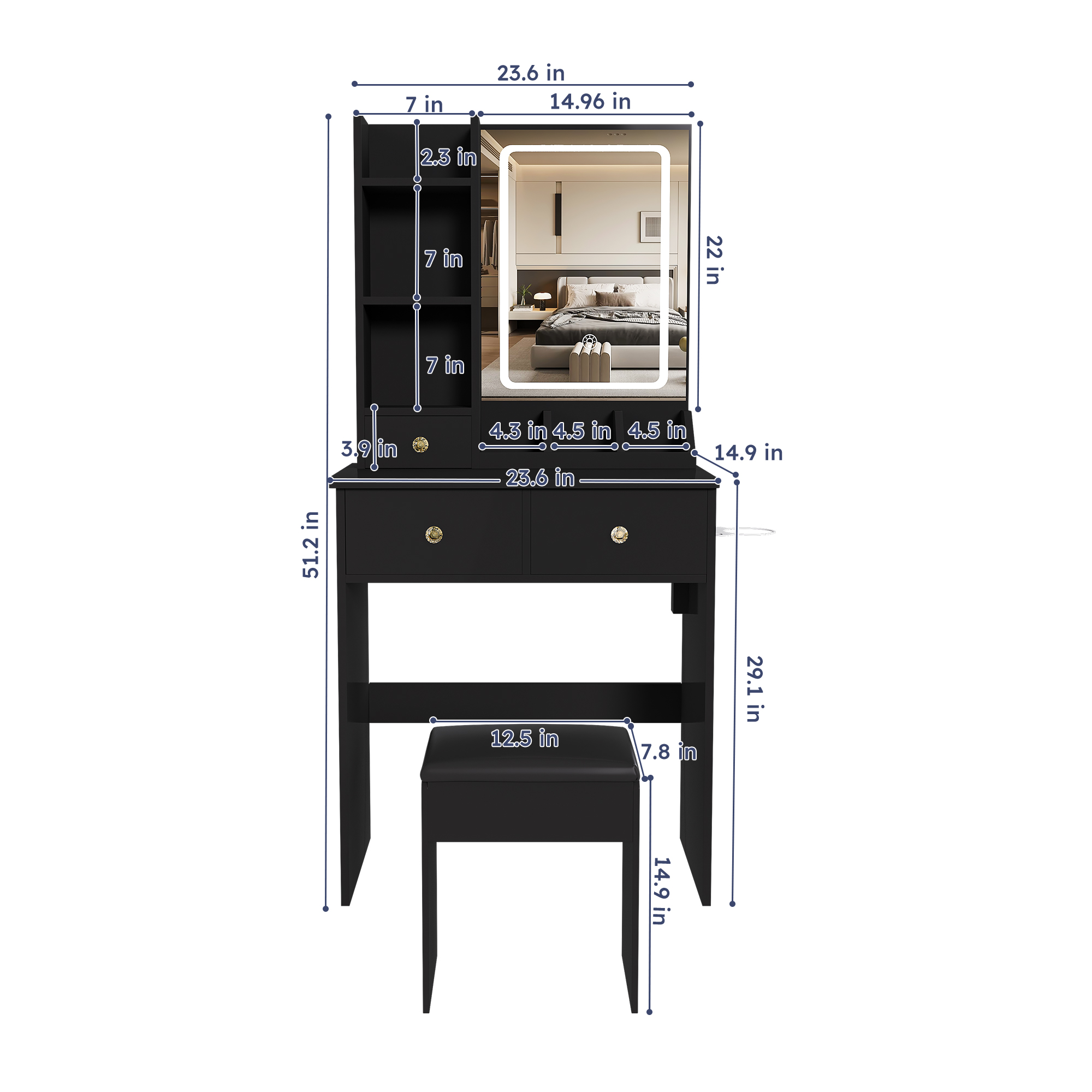Modern Small Vanity Desk  Featuring 3 Modes Of LED Lighting With Adjustable Brightness  3 Drawers And Multiple Open Storage Shelves  A Hair Dryer Holder And Power Socket  And A Dressing Chair. Black
