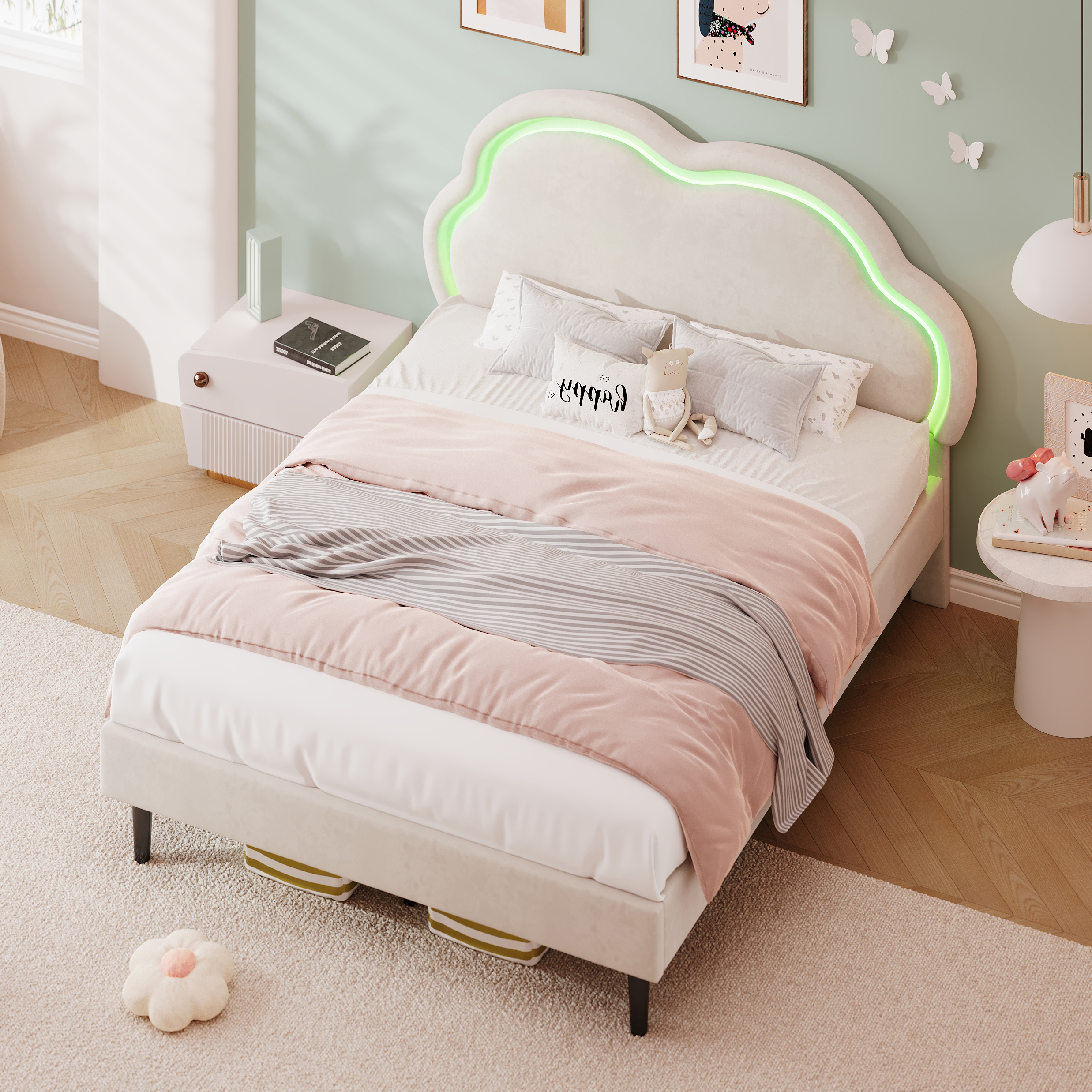 4ft6 Double Upholstered Bed With LED Adjustable Cute Cloud Headboard, Soft — image 3