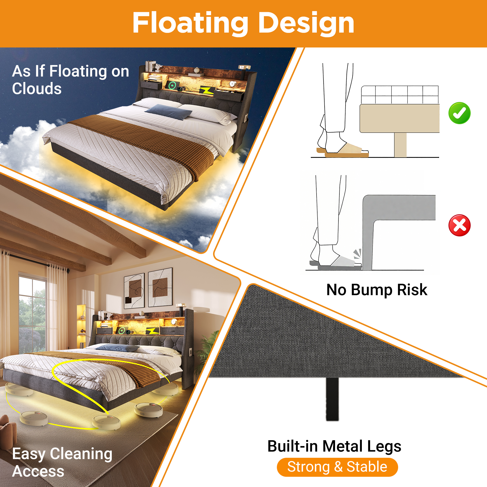 Upholstered Bed 5ft Floating Bed With LED Lighting, USB Type-C Charging, Storage Headboard For Cellphones And Tablets,  150 X 200 Cm King Size Bed With Metal Slatted Frame, Linen, Grey  No Mattress
