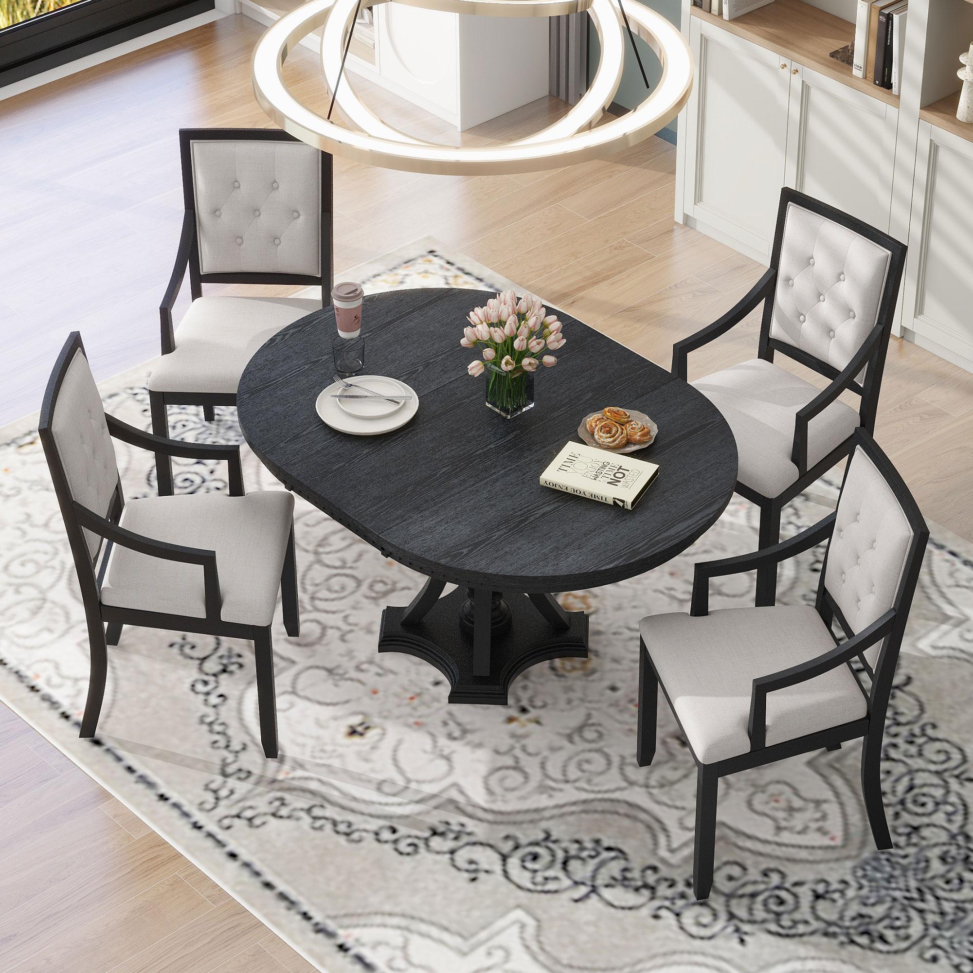 TREXM Retro 5-piece Dining Set Extendable Round Table and 4 — photo 3