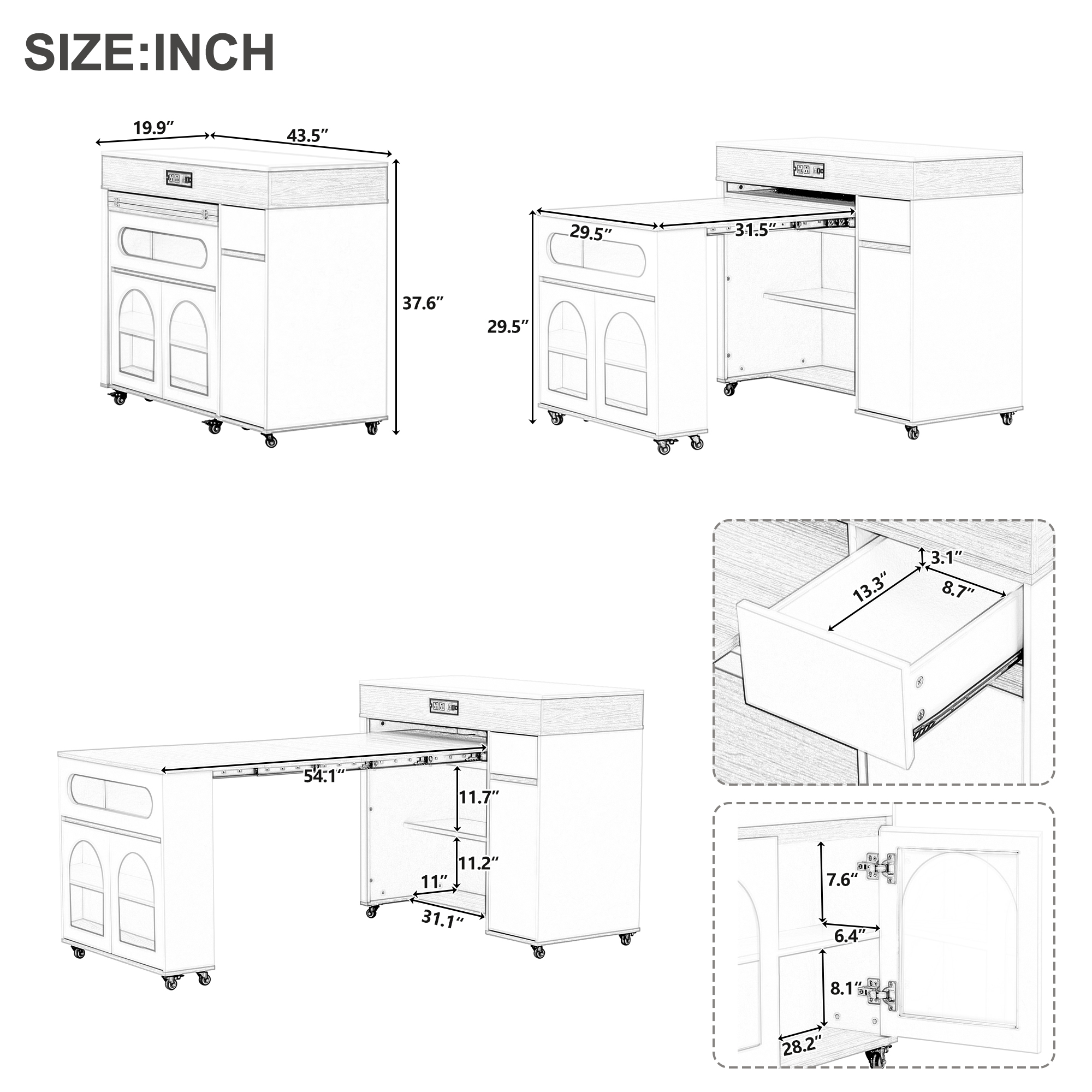 TREXM Extendable Dining Table With Extra-Long Folding Top Rolling Kitchen Island With Drawers Power Outlet And Brake Lock Storage Cabinet For Kitchen And Dining Room Black Marble White_voghion.com