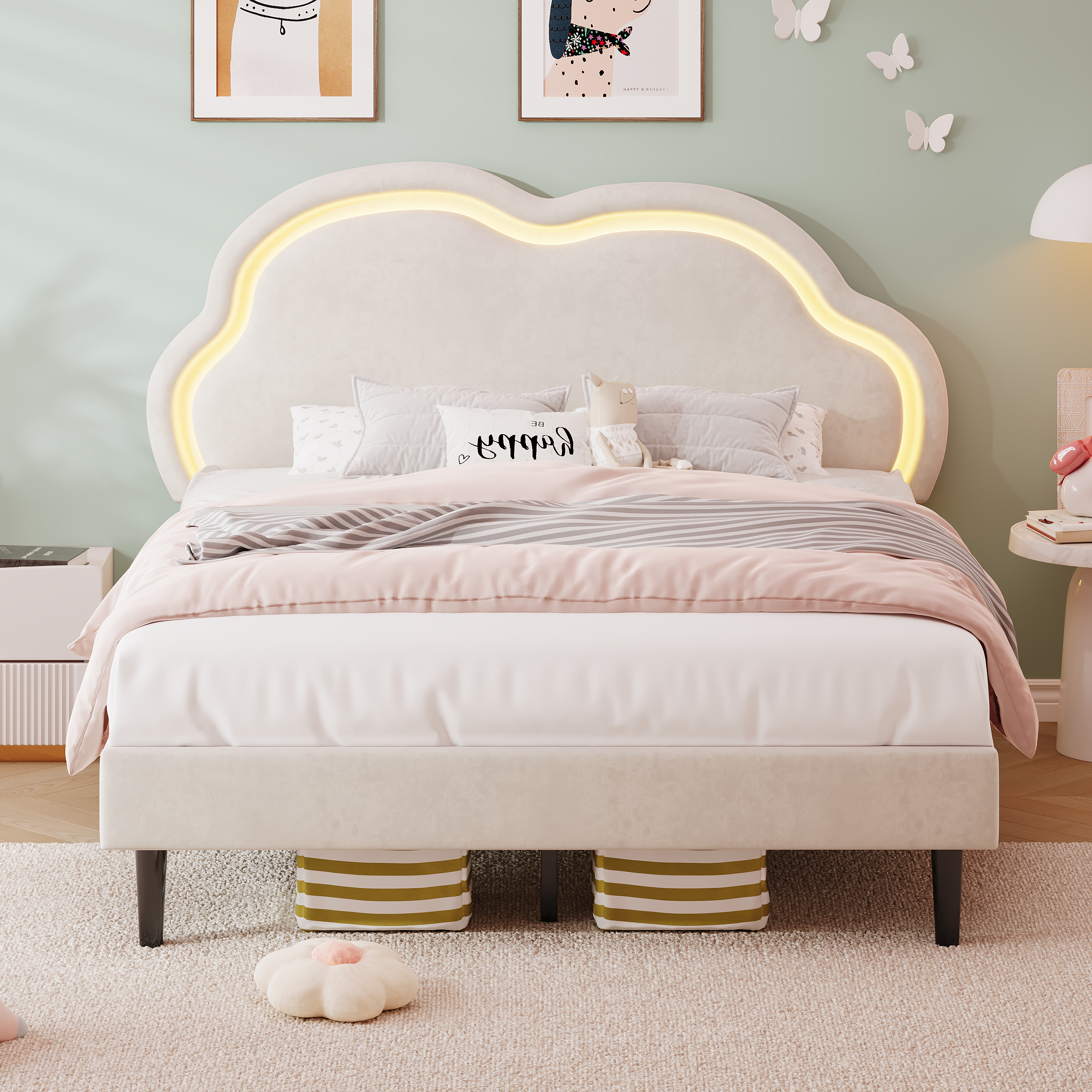 4ft6 Double Upholstered Bed With LED Adjustable Cute Cloud Headboard, Soft — image 5