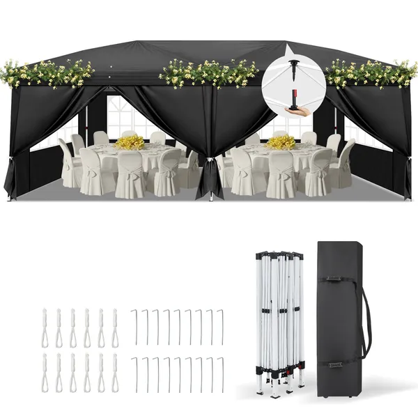 10’x20′ Instant Pop Up Canopy Tent Black, 6 Panels 2 Doors 4 Mesh Windows, 28 And 22mm Powder Coated Steel Frame, 10x20mm Crossbar, 210D Oxford Folding Outdoor Tent With Carry Bag No Sandbags