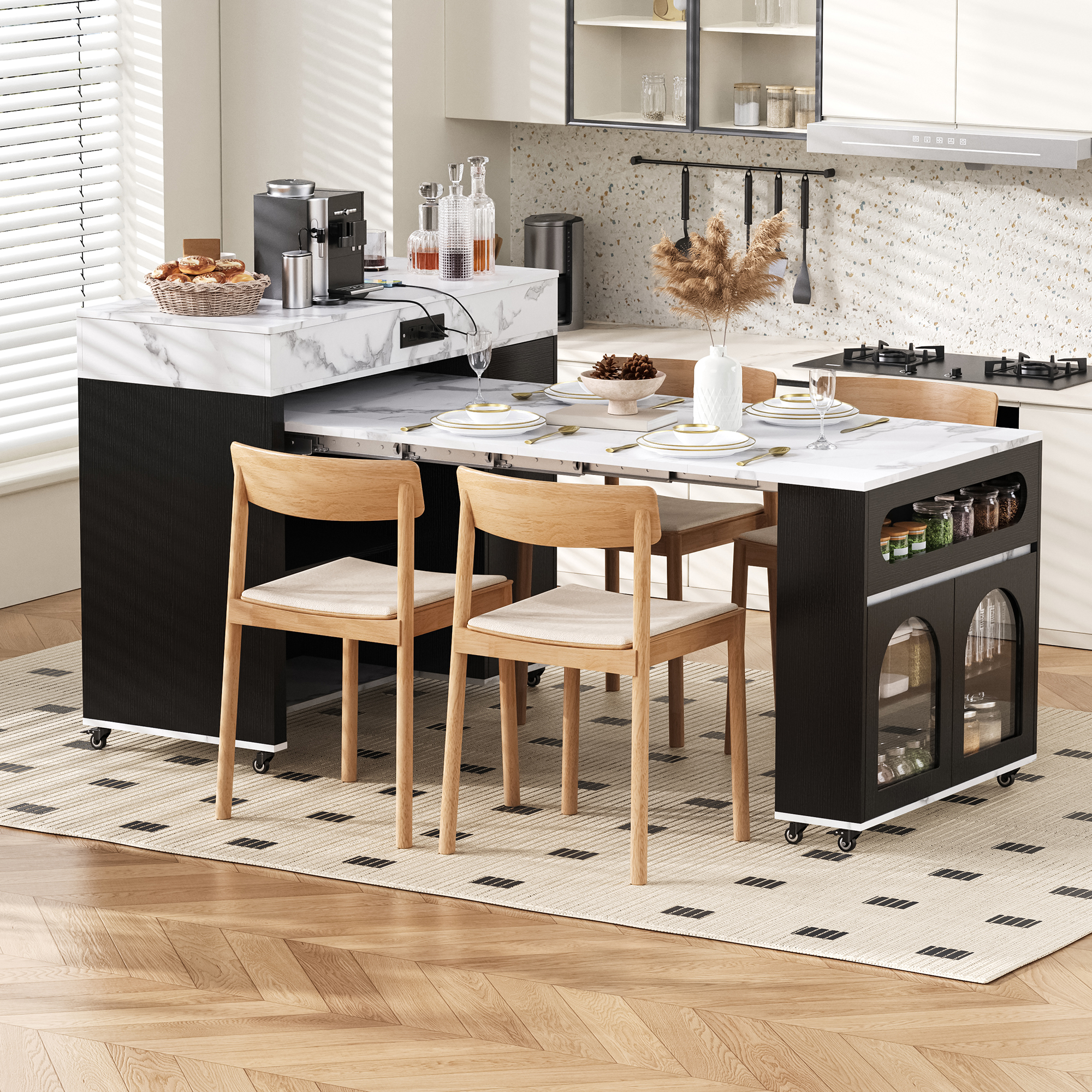 TREXM Extendable Dining Table With Extra-Long Folding Top Rolling Kitchen Island With Drawers Power Outlet And Brake Lock Storage Cabinet For Kitchen And Dining Room Black Marble White_voghion.com