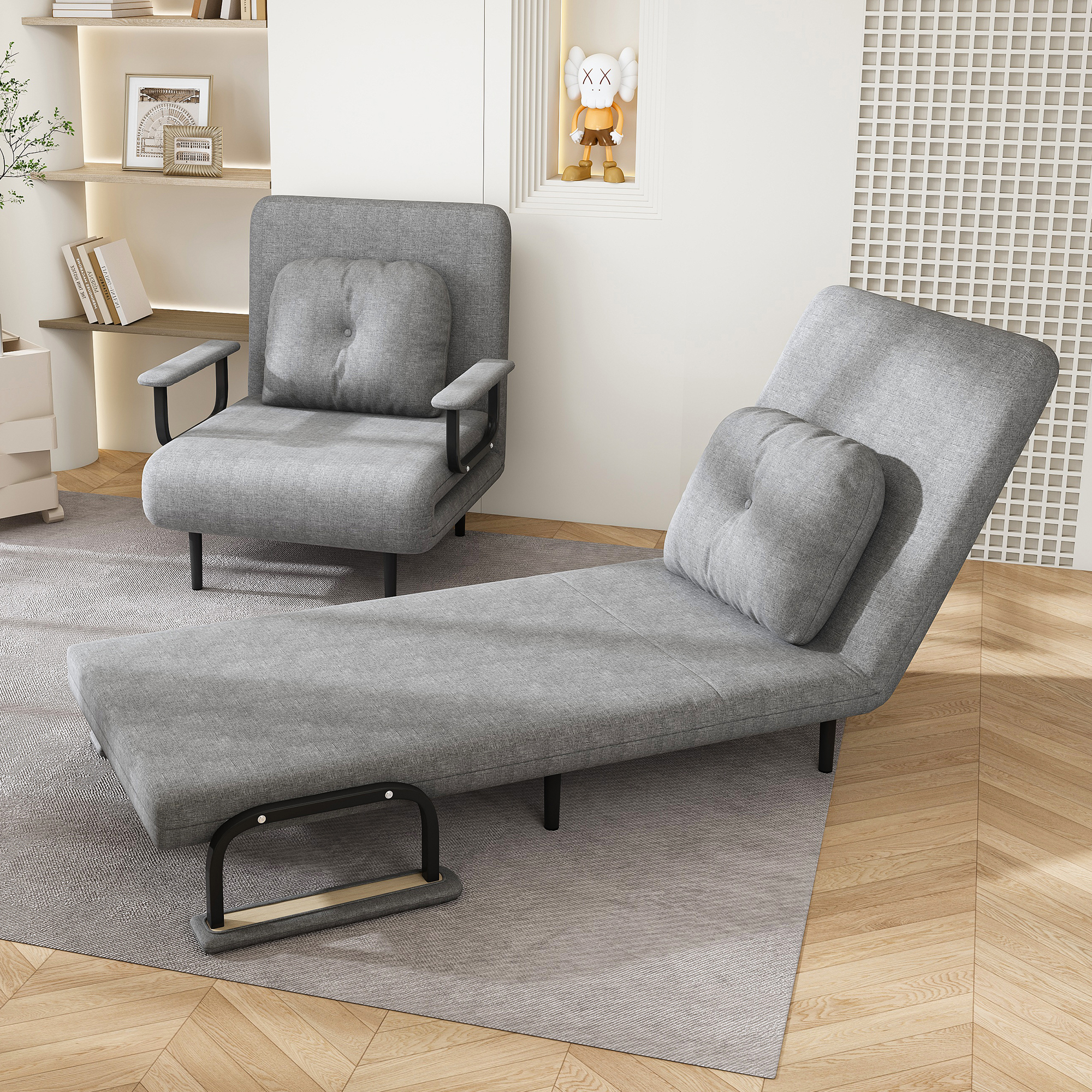 Folding Sofa Bed 5-in-1 Convertible Chair - 5-Position Adjustable Backrest With Pillow  Space-Saving Sleeper For Living Room  Bedroom & Office  Grey