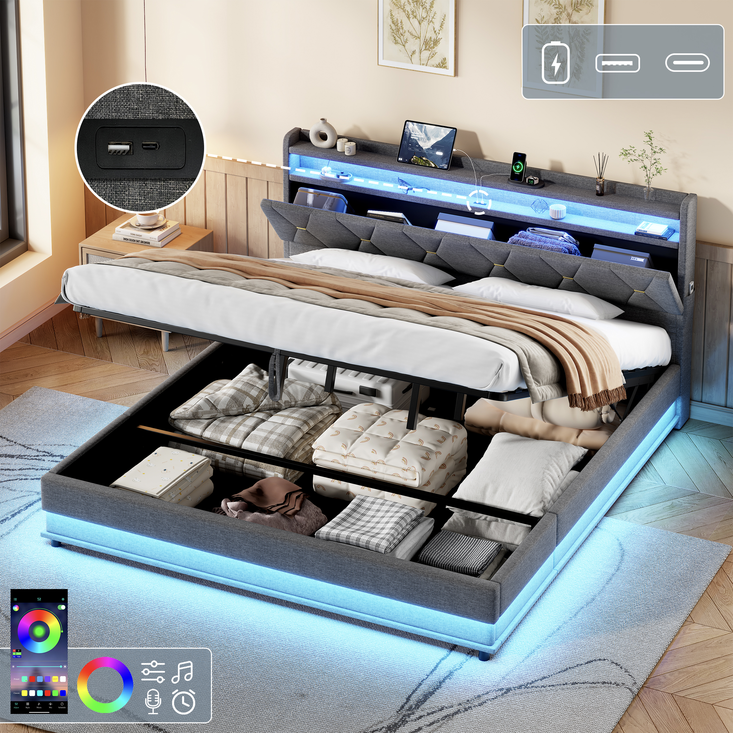 6ft Super King Upholstered Bed Frame With Hydraulic Storage,  LED Headboard With Charging Station And Concealed Headboard Storage, USB And Type - C Ports, Linen,  Grey  No Mattress - Image 1