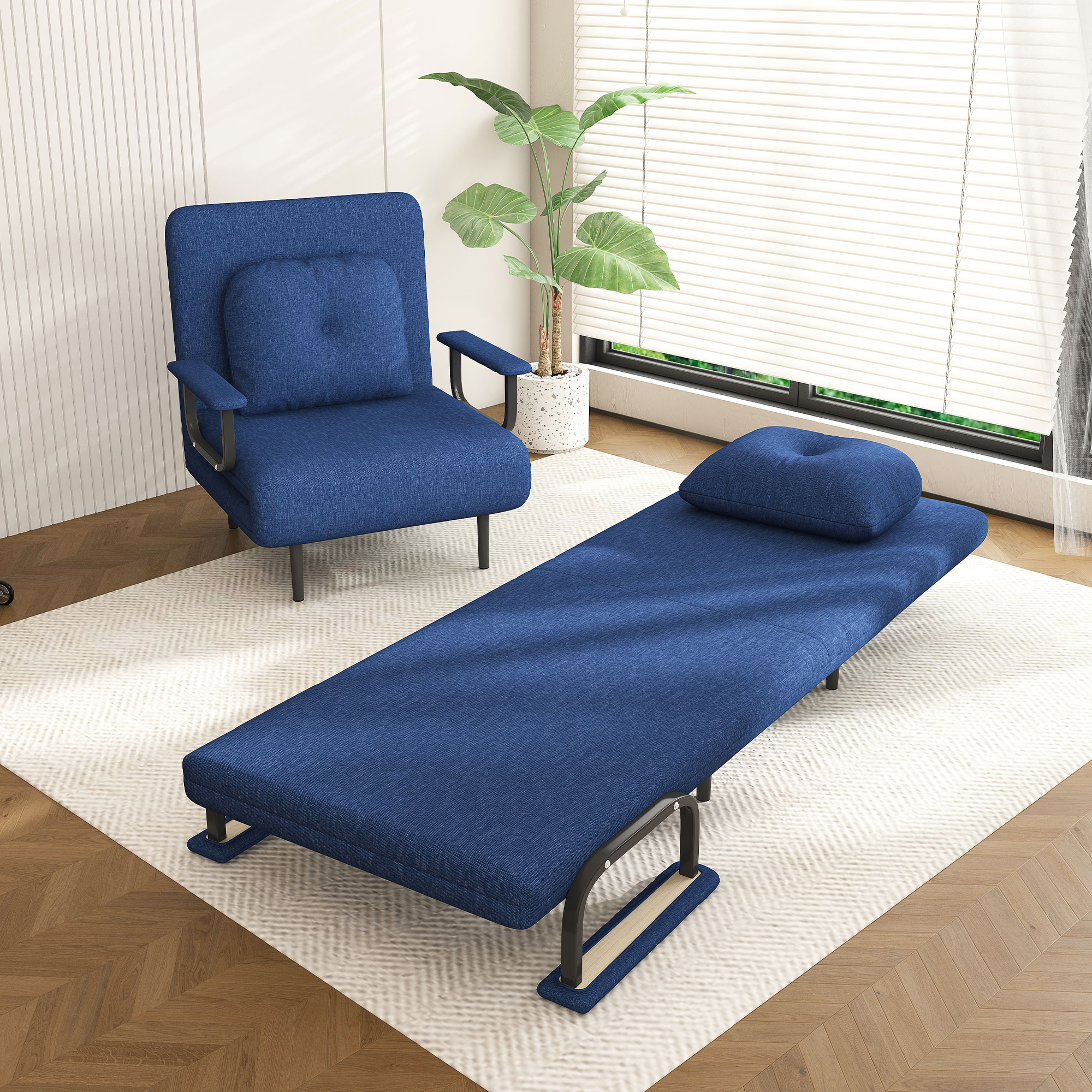 Folding Sofa Bed 3-in-1 Convertible Chair - 5-Position Adjustable Backrest With Pillow  Space-Saving Sleeper For Living Room  Bedroom & Office  Blue