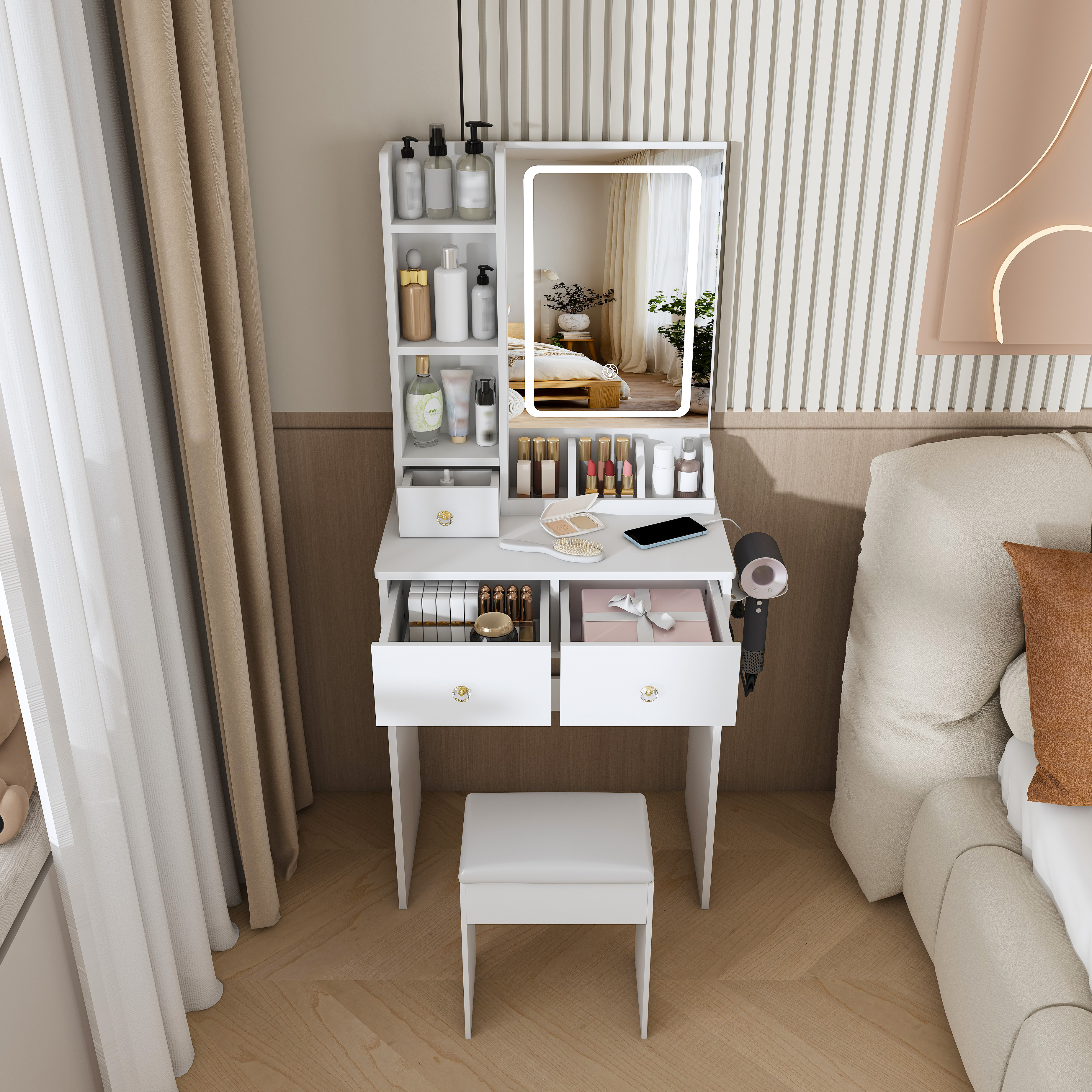 Modern Small  Vanity Desk  Featuring 3 Modes Of LED Lighting With Adjustable Brightness  3 Drawers And Multiple Open Storage Shelves  A Hair Dryer Holder And Power Socket  And A Dressing Chair. White