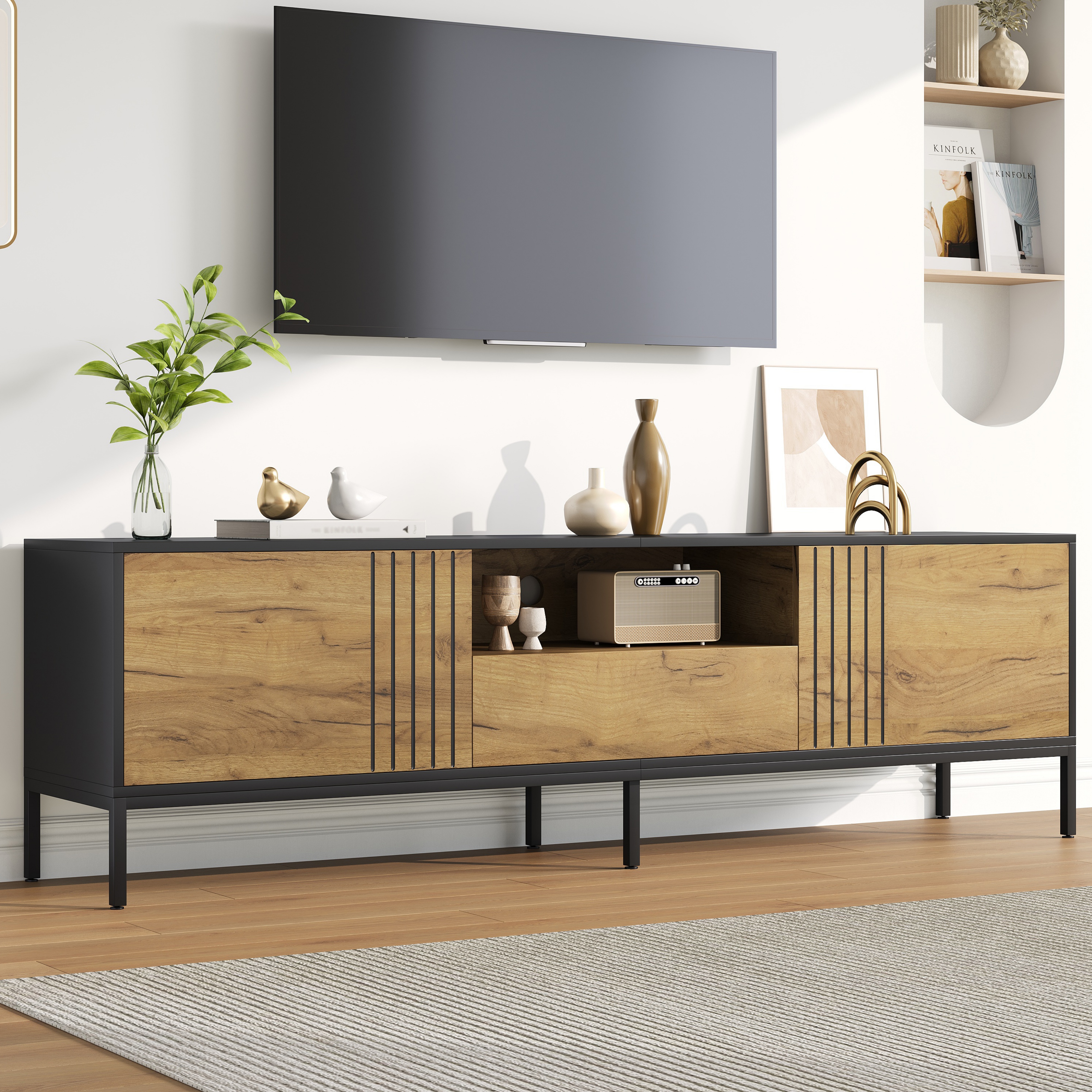 170x35x50cm TV Cabinet,TV Board, TV Console With 2 Cabinets And 1 Drawer, TV Table, TV Stand, Living Room Cabinet, Suitable For TVs Up To 70 Inches,natural Wood Black