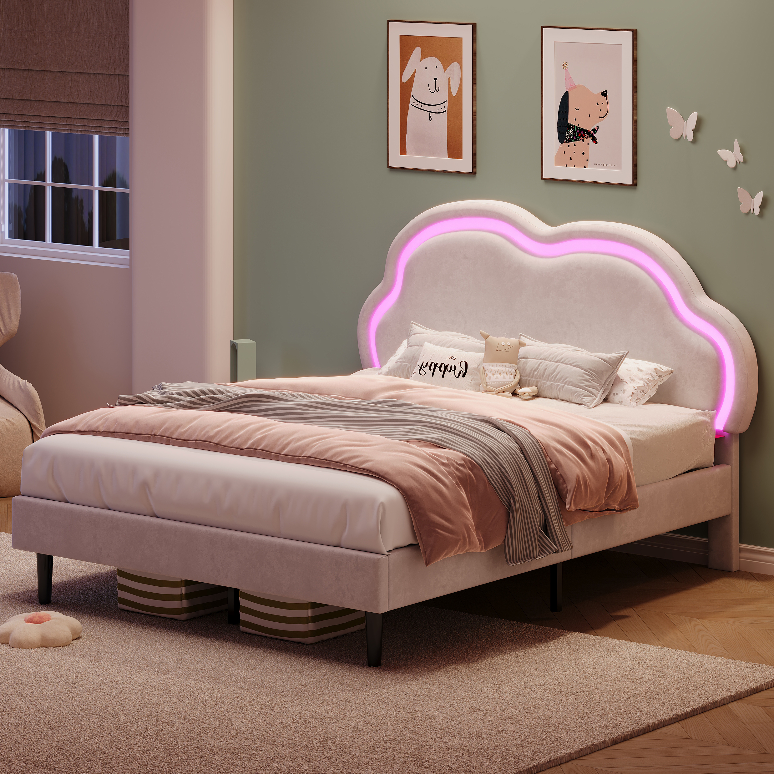 4ft6 Double Upholstered Bed With LED Adjustable Cute Cloud Headboard, Soft