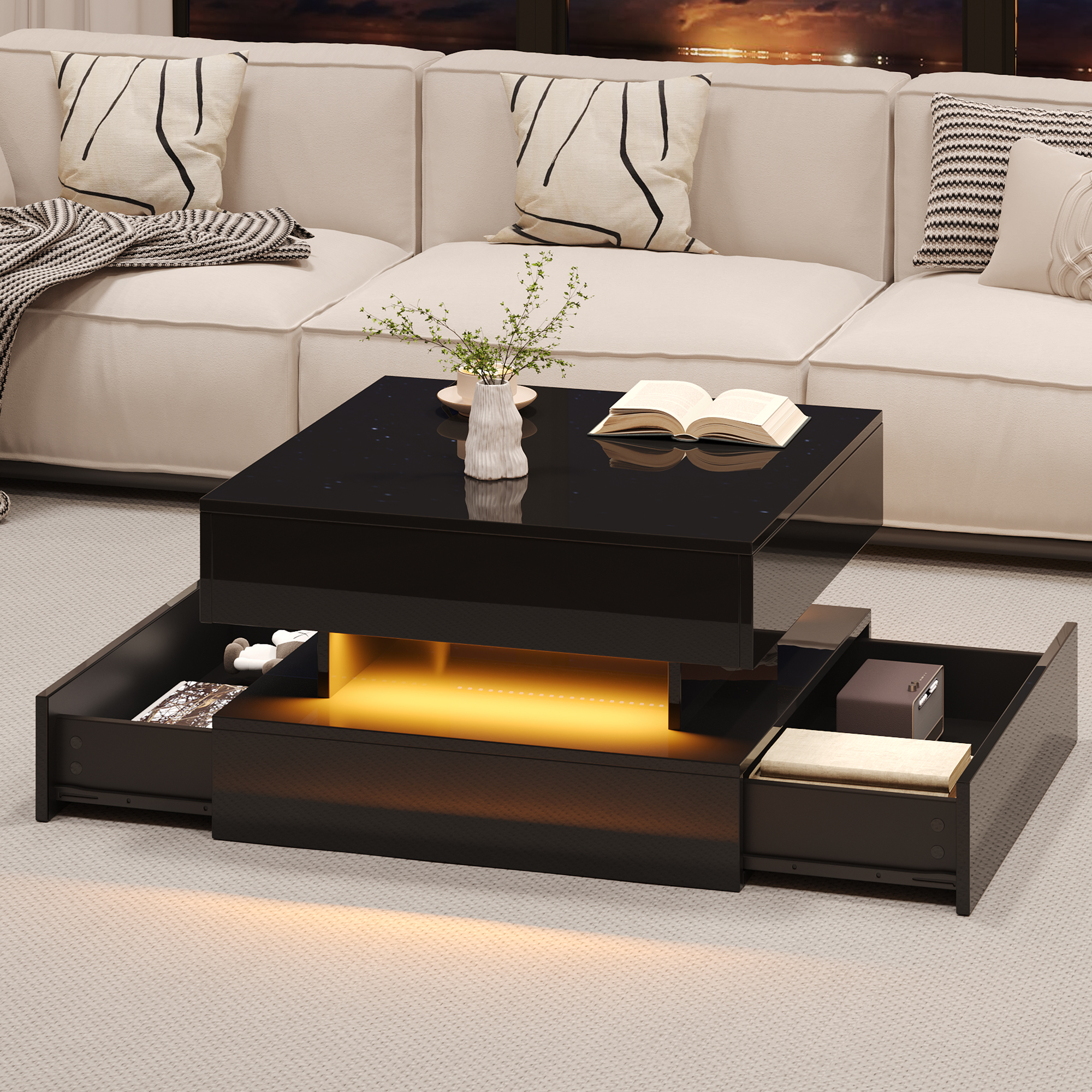 65 X 65 X 38.5 Cm Liftable Living Room Table, Side Table, High-gloss Coffee Table With LED Light Strip, Sofa Table With 2 Drawers, Coffee Table With Geometric Design And Hidden Storage Space, Black