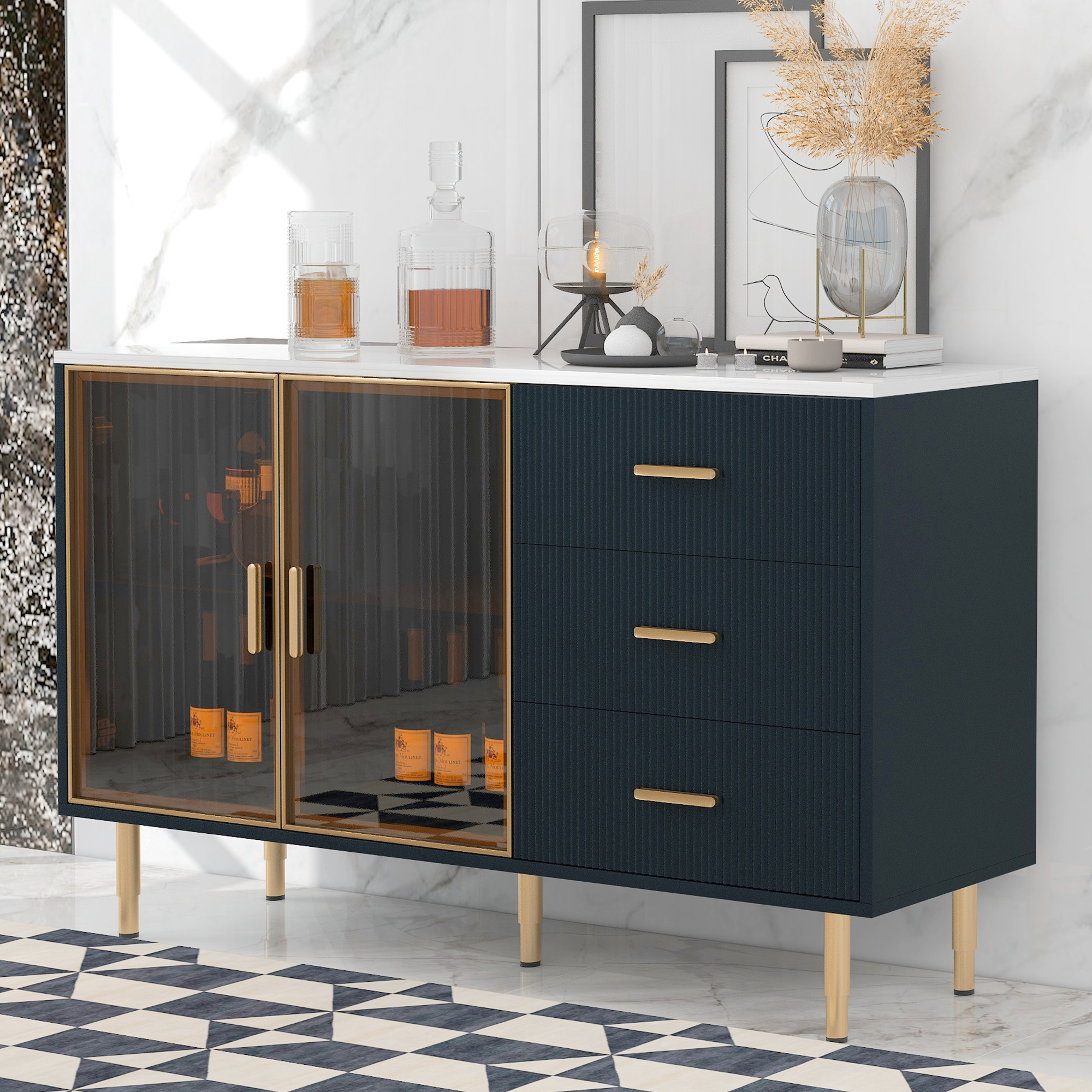 TREXM Modern Sideboard MDF Buffet Cabinet Marble Sticker Tabletop And Amber-yellow Tempered Glass Doors With Gold Metal Legs & Handles  Navy Blue
