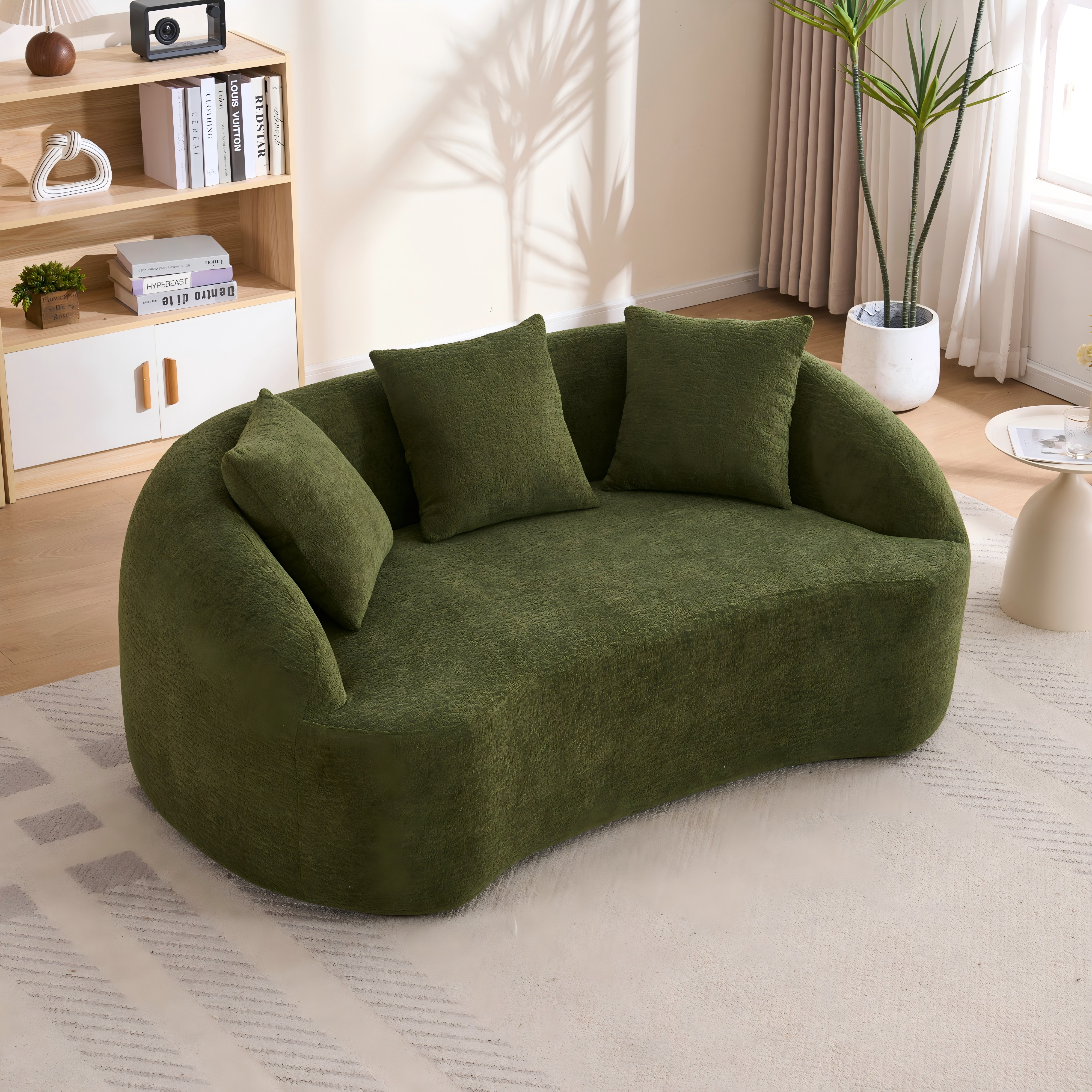 LY-049S Curved Modern Boneless Sofa Loveseat  Backrest Upgrade  2-Seater Green Chenille Compression Couch With 3 Pillows  Minimalist Modular Couches For Living Room  Office  Apartment  Guest Room