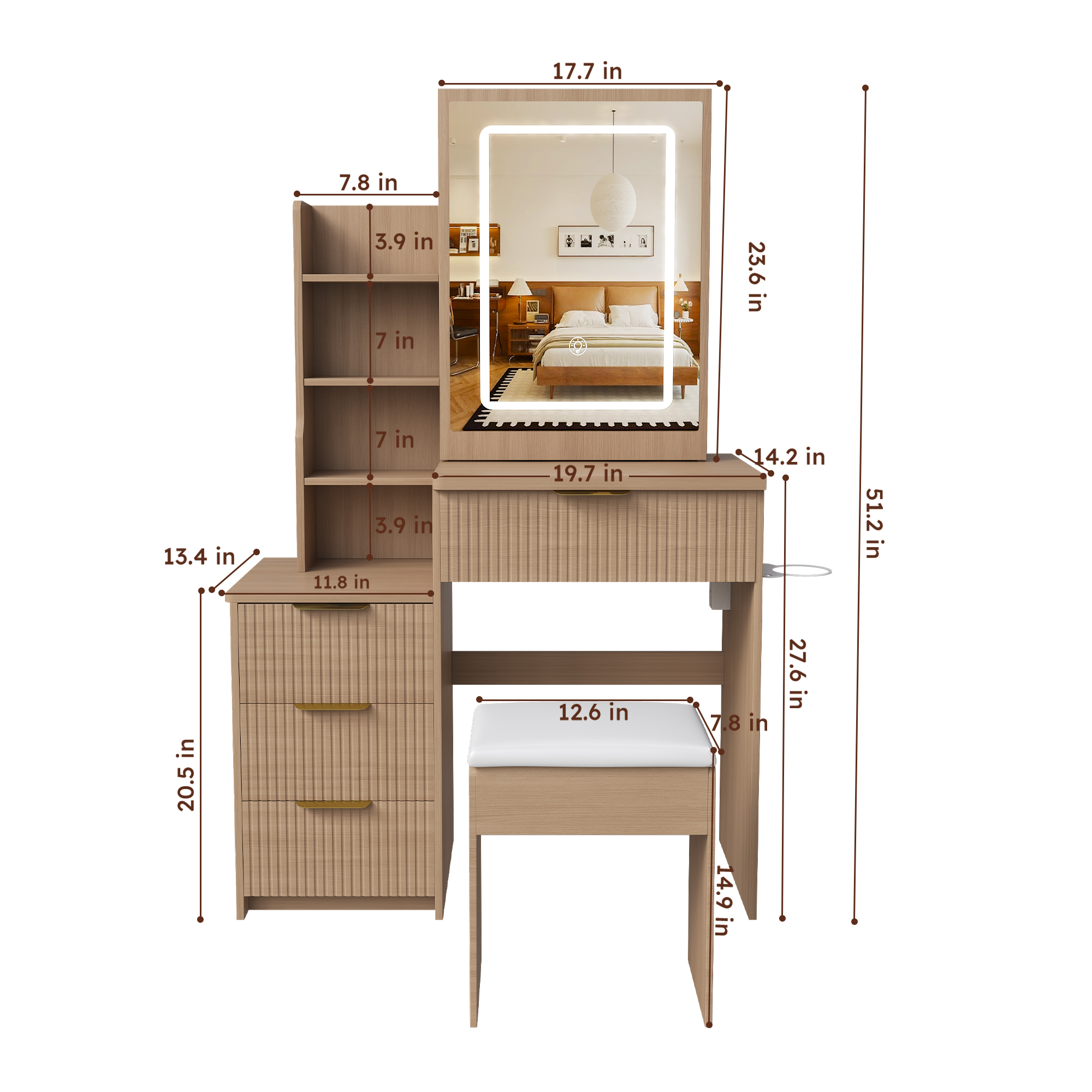 Modern Vanity Desk  Featuring 3 Modes Of LED Lighting With Adjustable Brightness   With 4 Drawers And Multiple Open Storage Shelves  With A Hair Dryer Holder And Power Socket  A Dressing Chair.