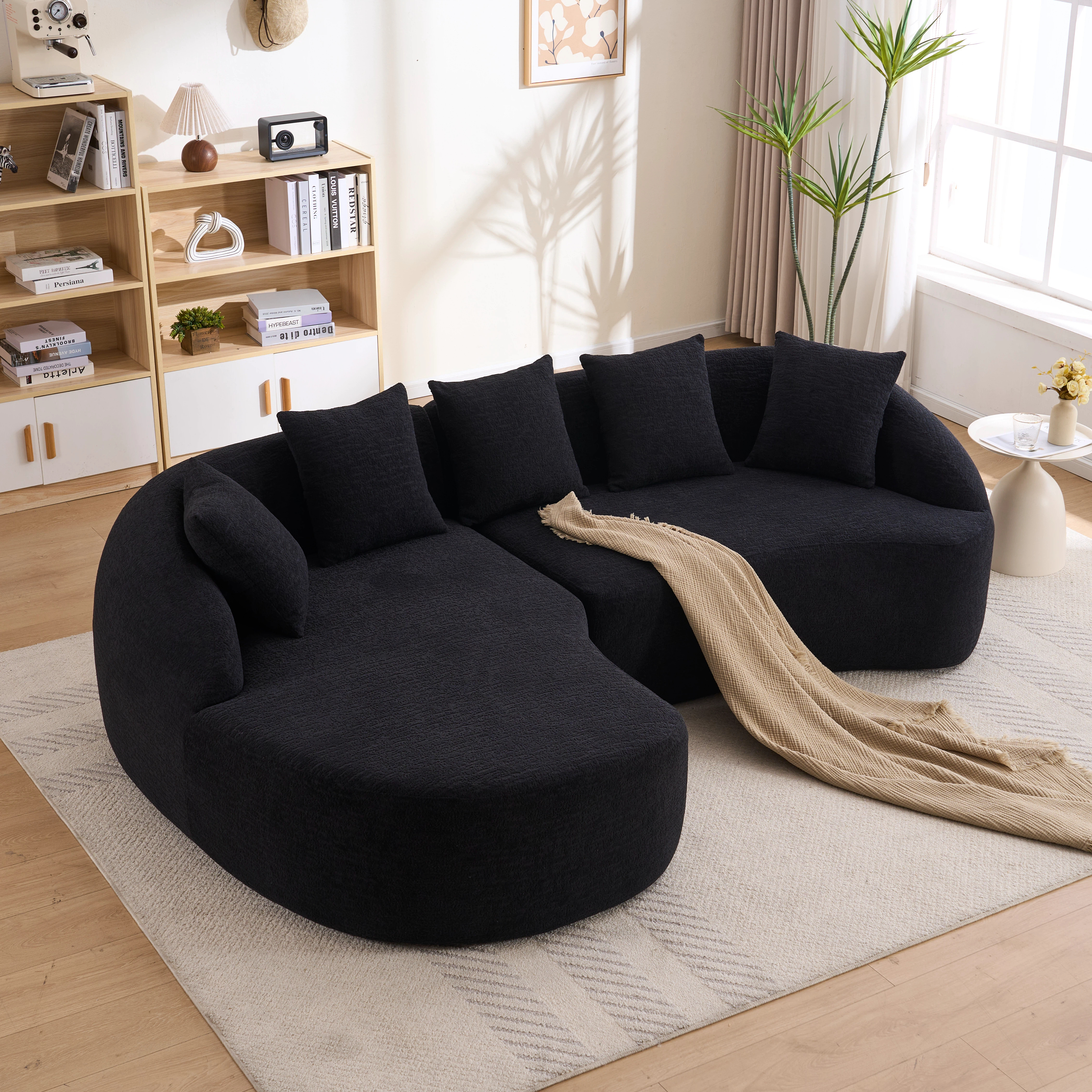 New Boneless L-Shape Sectional Sofa With Curved Chaise Black Modular Chenille Compression Couch 30D High-Density Foam Minimalist Modular Couches Sleeper For Living Room Bedroom Apartment Lounge.