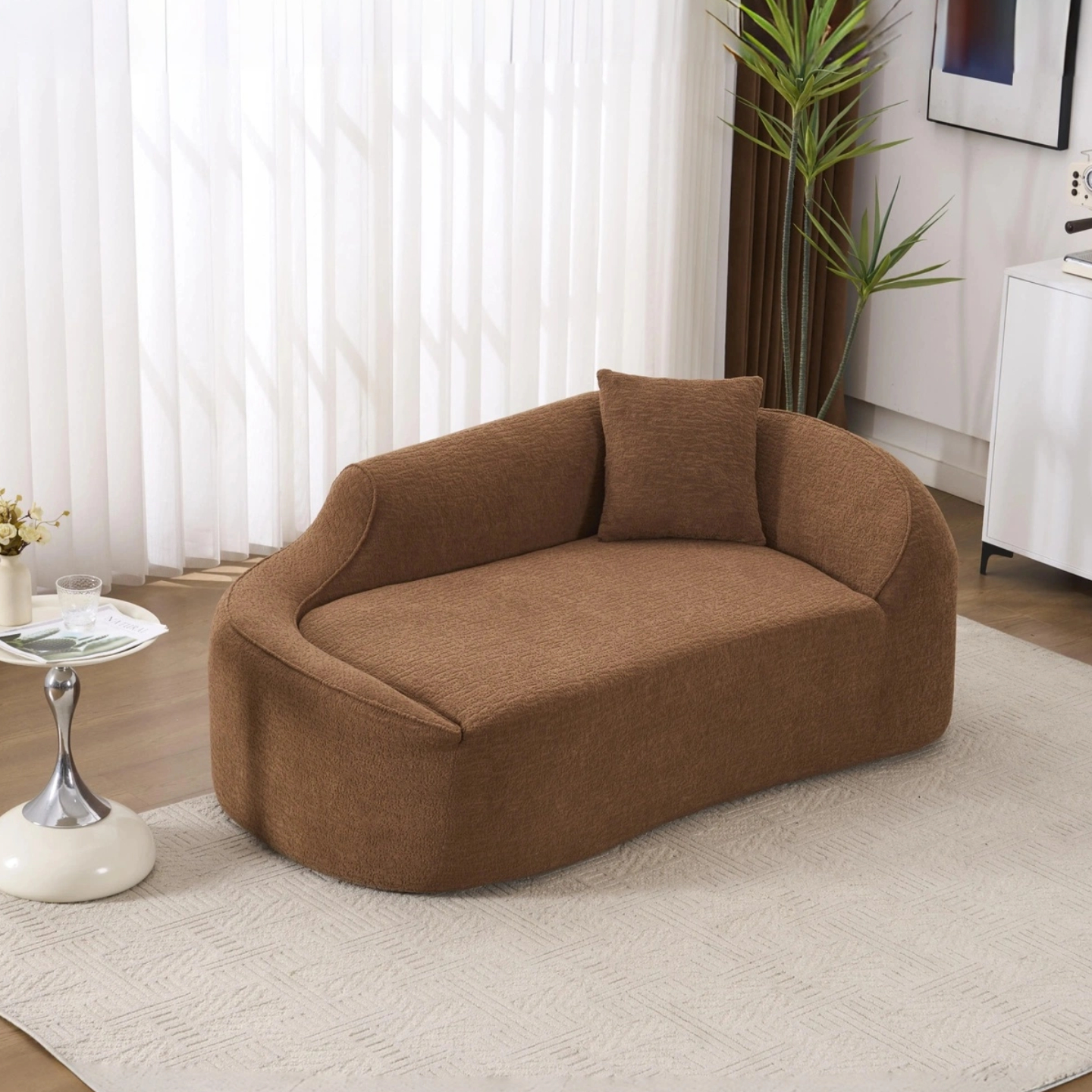 LY-048 Compression Curved Chaise Longue Chair Indoor  Modern Chenille Loveseat Couch With Deep Seat Sofa Bed With 1 Pillow  Sleeper Sofa Couch For Living Room  Bedroom  Apartment.Caramel.