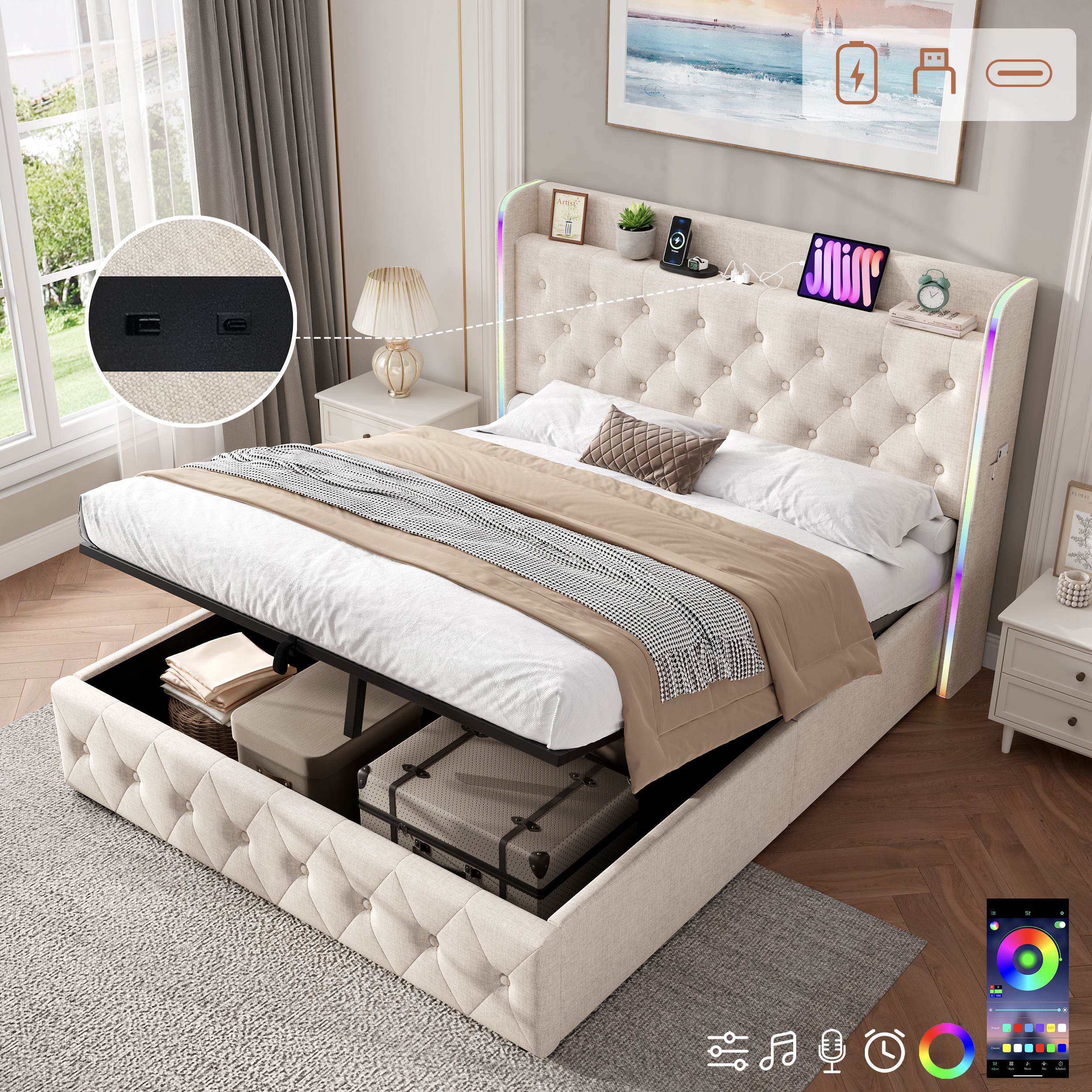 Beige Linen Double Ottoman Bed with Smart LED Headboard