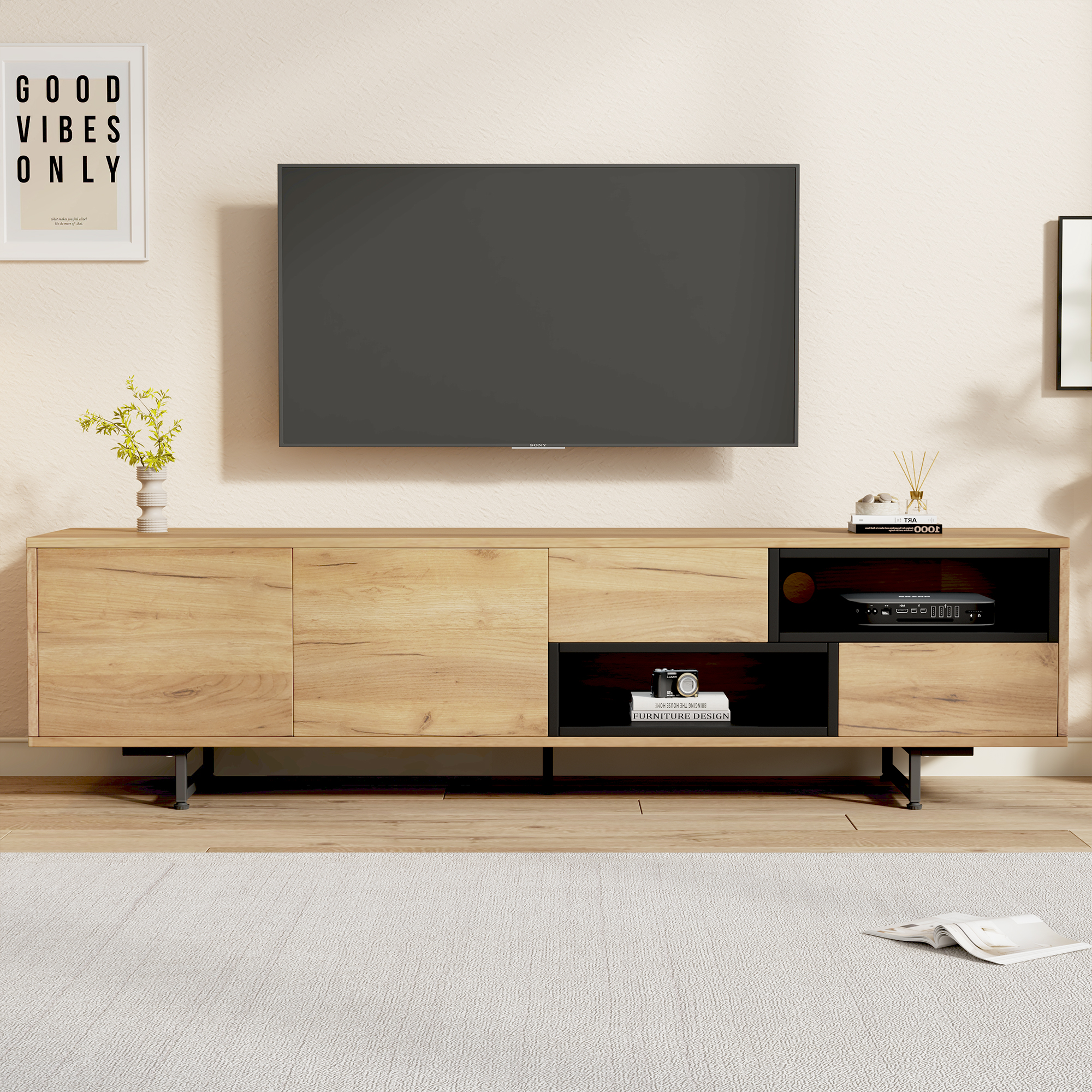 Living Room TV Cabinet,multi-functional Storage Cabinet,made Of Wood Grain Particleboard, With Open Storage Space Featuring Two Drawers And Two Cabinet Doors, Suitable For A 70-inch TV,173 X 38 X 48cm - Image 1