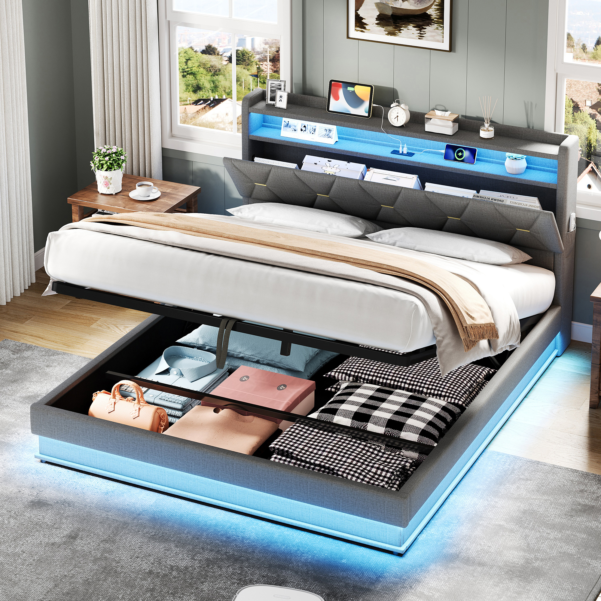 5ft King Upholstered Bed Frame With Hydraulic Storage,  LED Headboard With Charging Station And Concealed Headboard Storage, USB And Type - C Ports, Linen, No Box Spring Needed, Grey  No Mattress