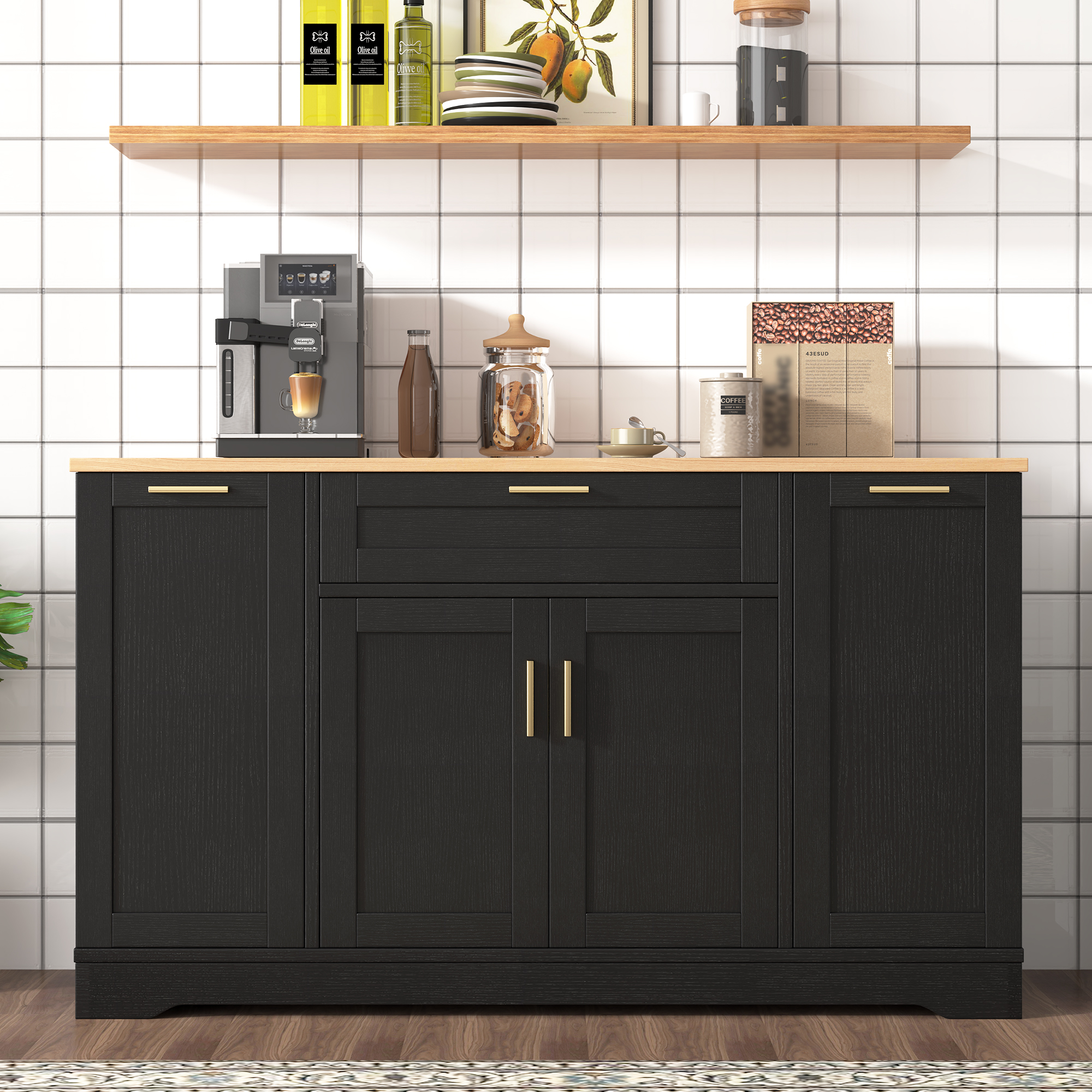 TREXM Multi-Functional Storage Sideboard Extendable Dining Table Adjustable Shelves 3-Tier Pull-Out Rack Kitchen Island Storage For Kitchen Dining Room Living Room Black_voghion.com
