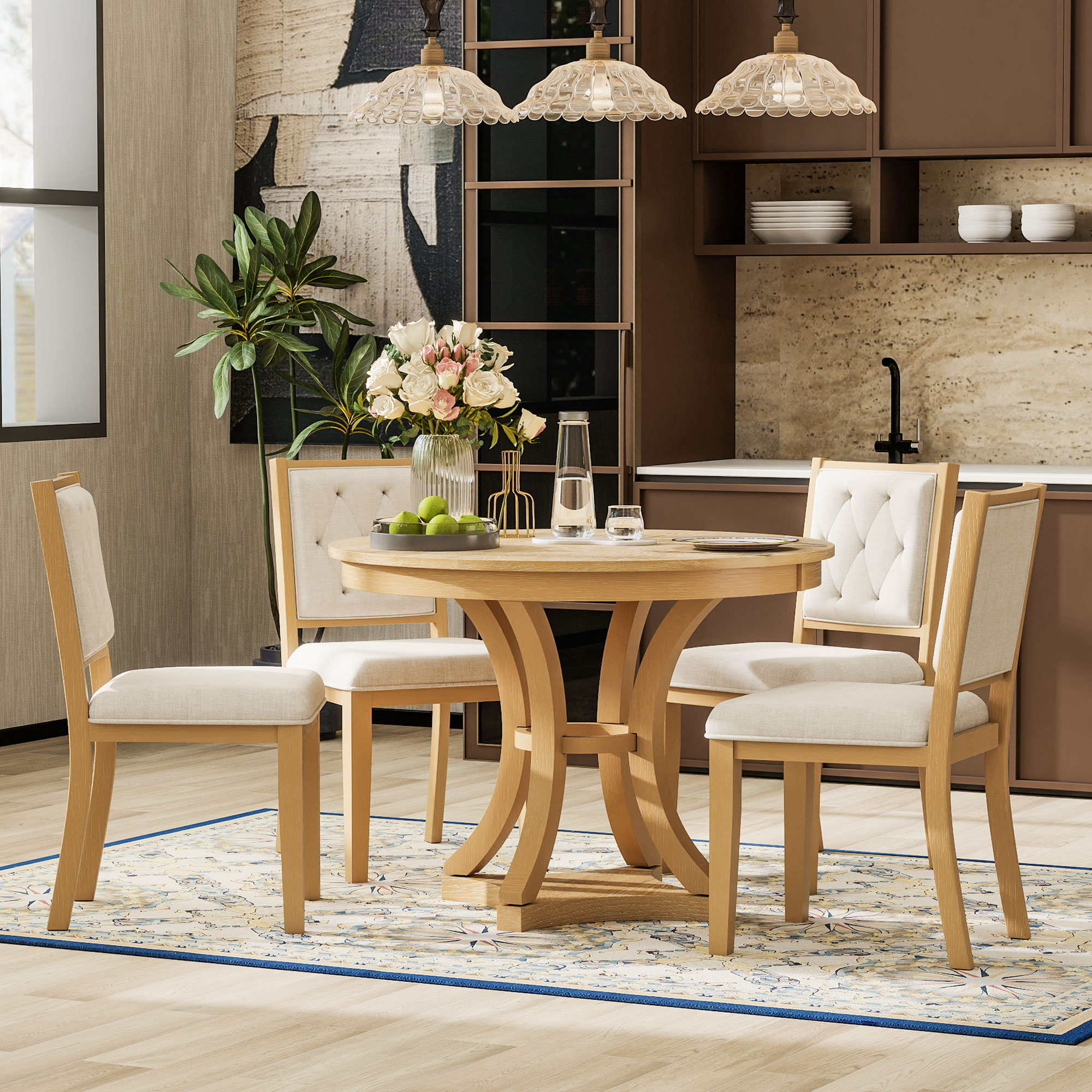 TREXM 5-Piece Retro Functional Dining Table Set Extendable Round β photo 2