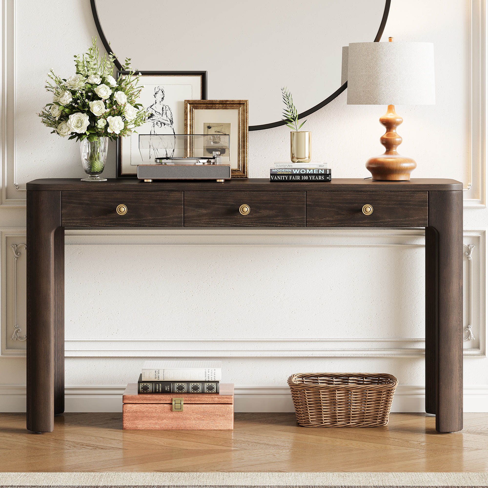 TREXM Rustic Console Table With Curved Corners For Safety  Entryway Table With 3 Concealed Drawers  Sturdy Sofa Table With Thick Legs For Hallway & Living Room  Espresso
