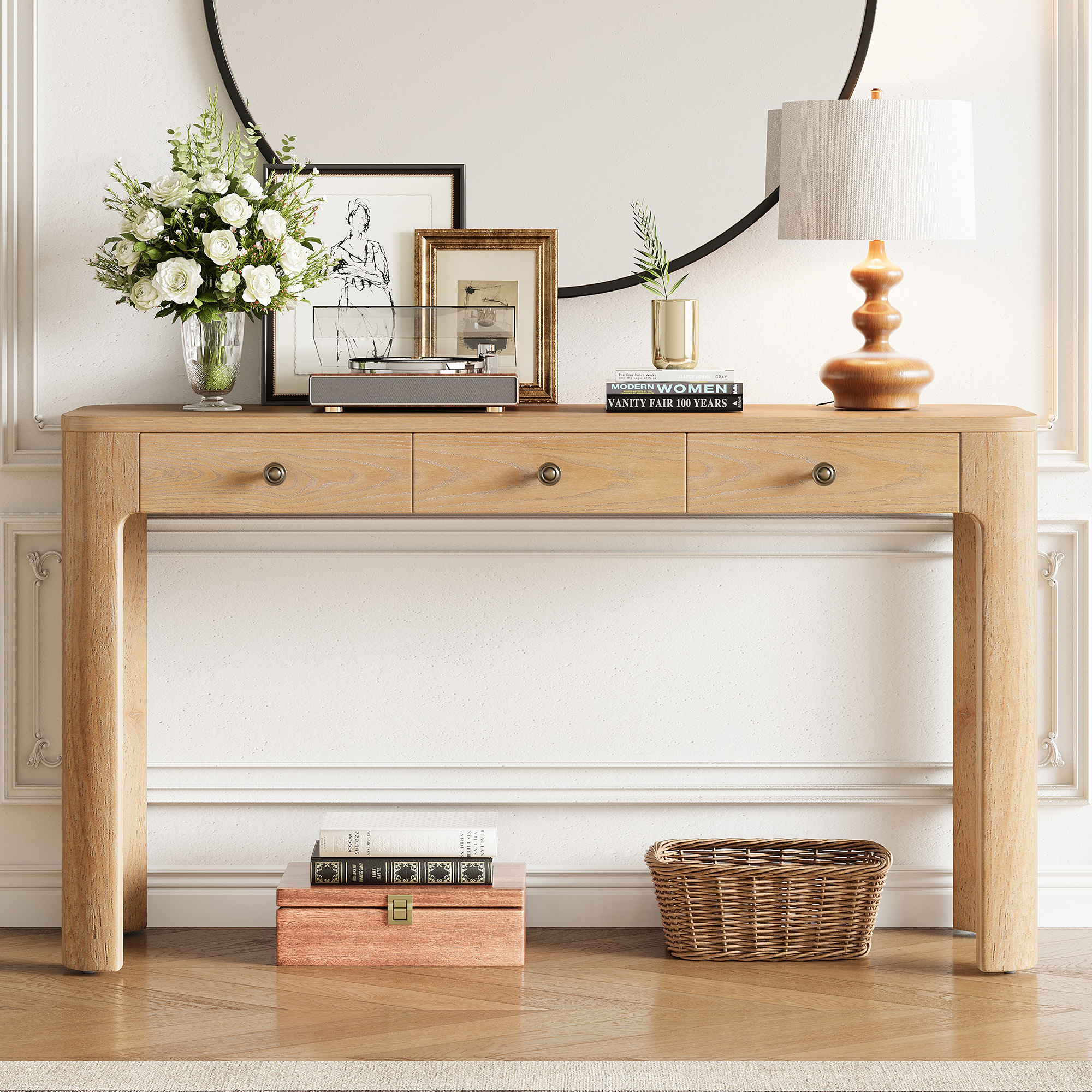 TREXM Rustic Console Table With Curved Corners For Safety  Entryway Table With 3 Concealed Drawers  Sturdy Sofa Table With Thick Legs For Hallway & Living Room  Light Oak