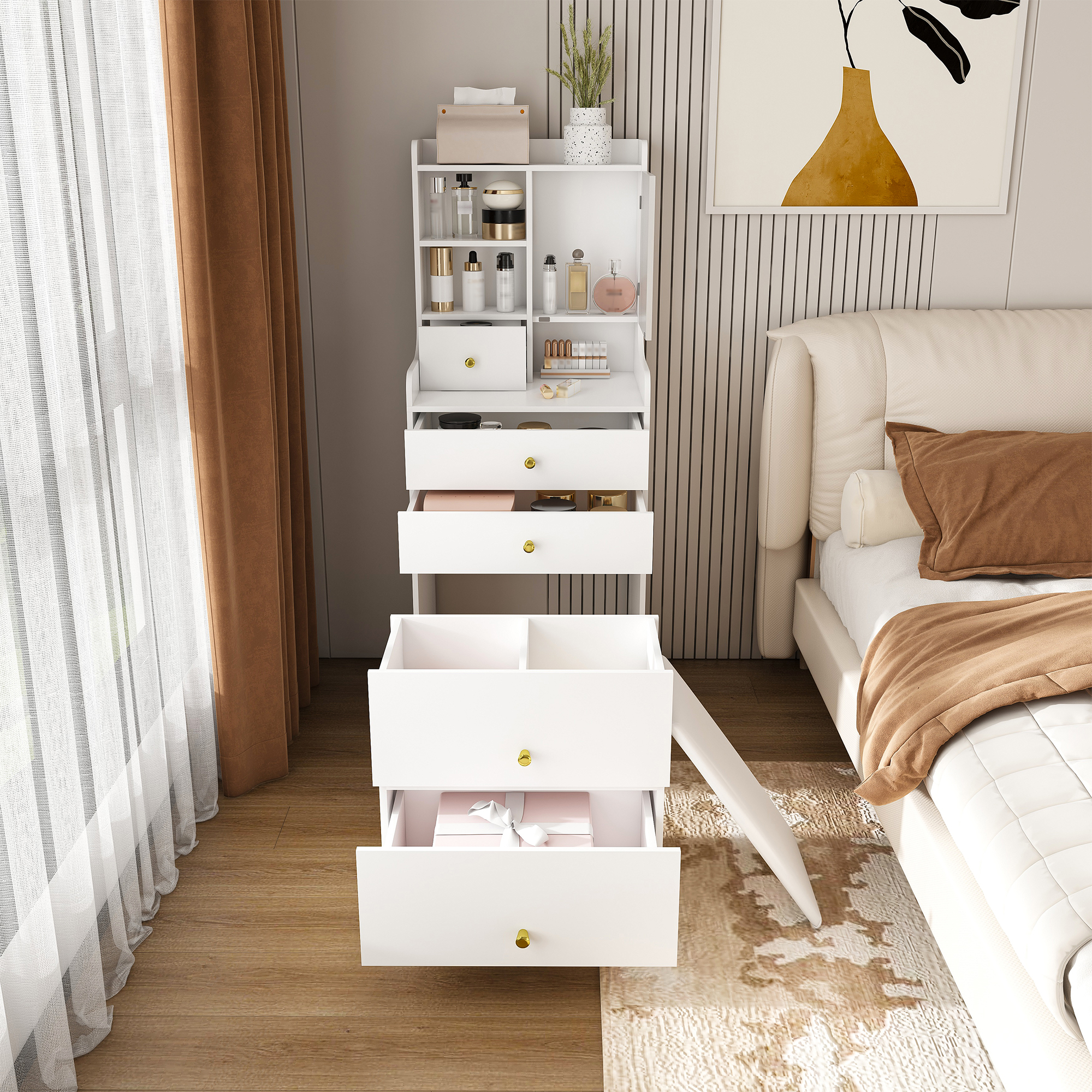 3-in-1 Dressing Table With LED Mirror & Storage Stool - Compact Makeup Vanity With 4 Drawers  Storage Cabinet & Hidden Stool  White Density Board Design  Open Bookshelf For Bedroom Organization