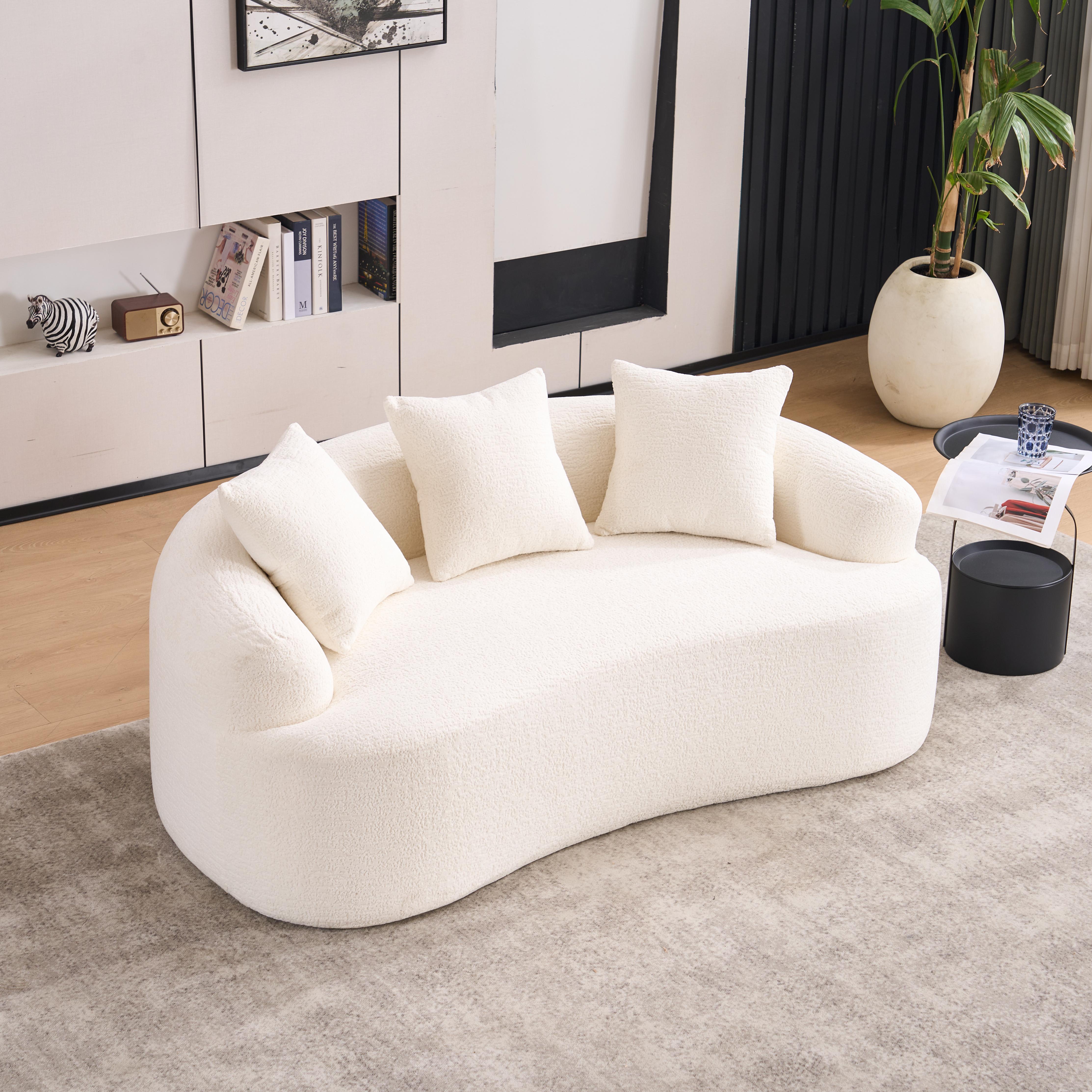 LY-025S Curved Loveseat White Full Compression Sponge Sofa  30D Chenille No-Assembly Compact Sofa For Small Spaces & Apartments  65L  300 Lbs  3 Pillows