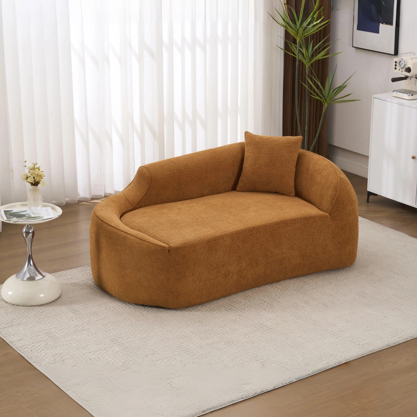 LY-048 Compression Curved Chaise Longue Chair Indoor  Modern Chenille Loveseat Couch With Deep Seat Sofa Bed With 1 Pillow  Sleeper Sofa Couch For Living Room  Bedroom  Apartment  Orange