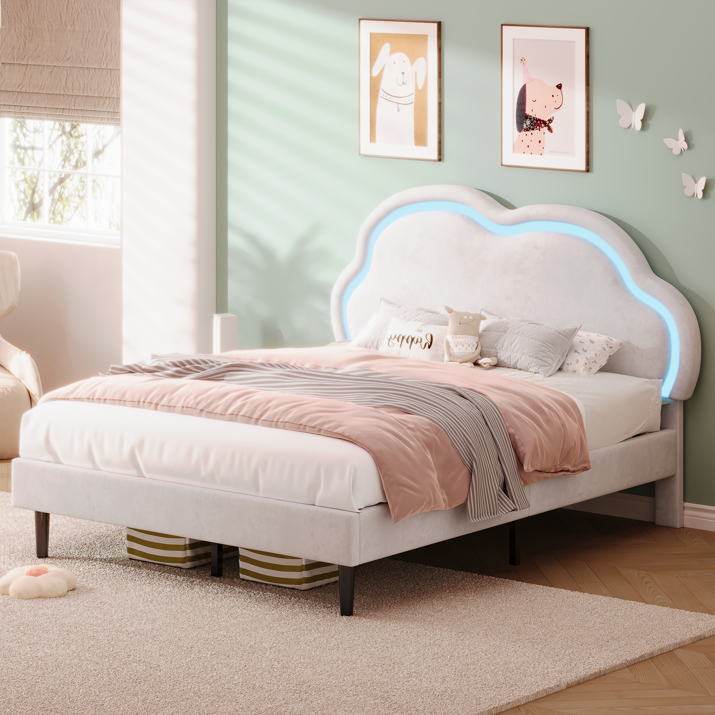 4ft6 Double Upholstered Bed With LED Adjustable Cute Cloud Headboard, Soft — image 2