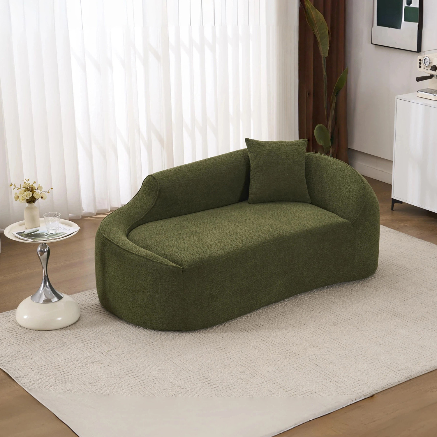LY-048 Compression Curved Chaise Longue Chair Indoor  Modern Chenille Loveseat Couch With Deep Seat Sofa Bed With 1 Pillow  Sleeper Sofa Couch For Living Room  Bedroom  Apartment  Green