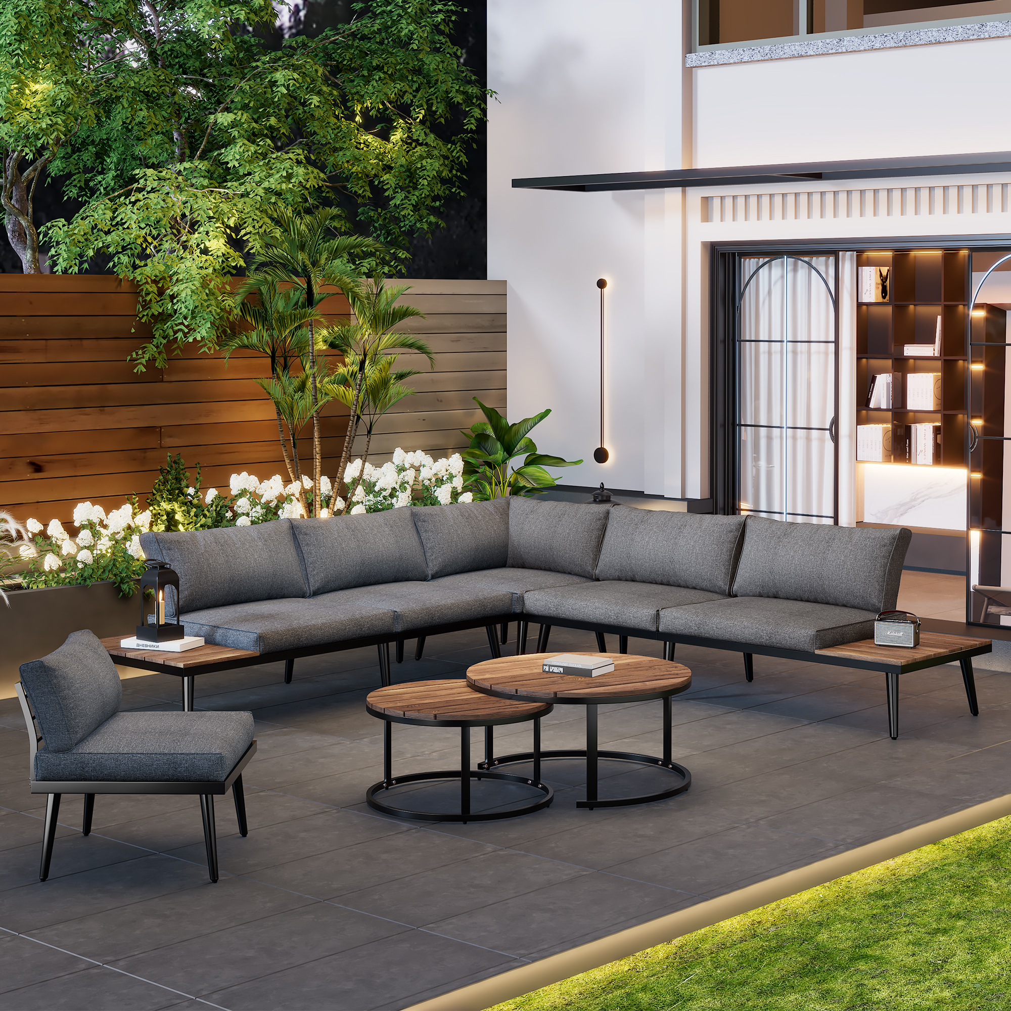 Modular Outdoor Sofa Set With Galvanized Iron Frame, Washable Cushions, Acacia Wood Nesting Tables, For Patio & Garden