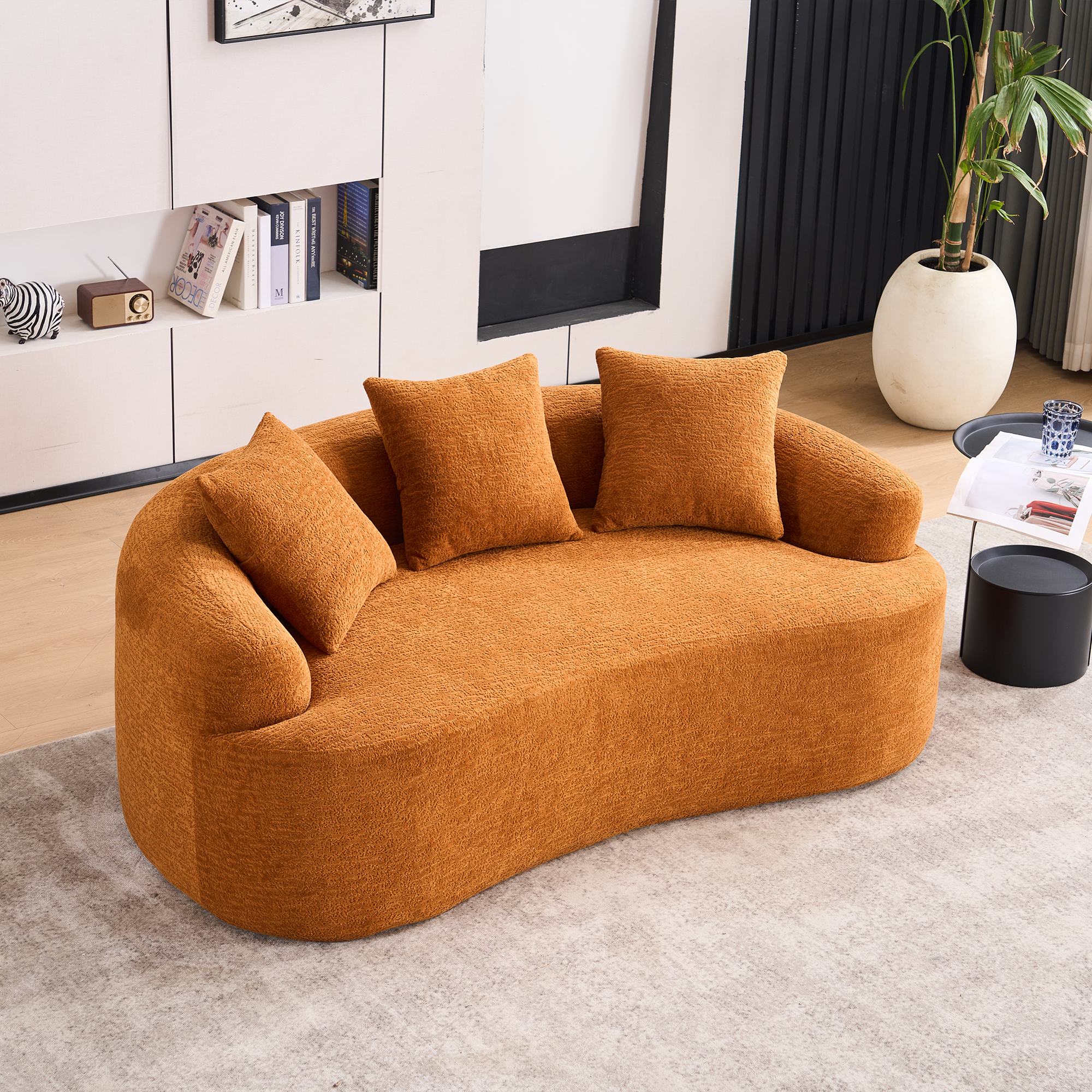 LY-025S Curved Loveseat Orange Full Compression Sponge Sofa  30D Chenille No-Assembly Compact Sofa For Small Spaces & Apartments  65L  300 Lbs  3 Pillows