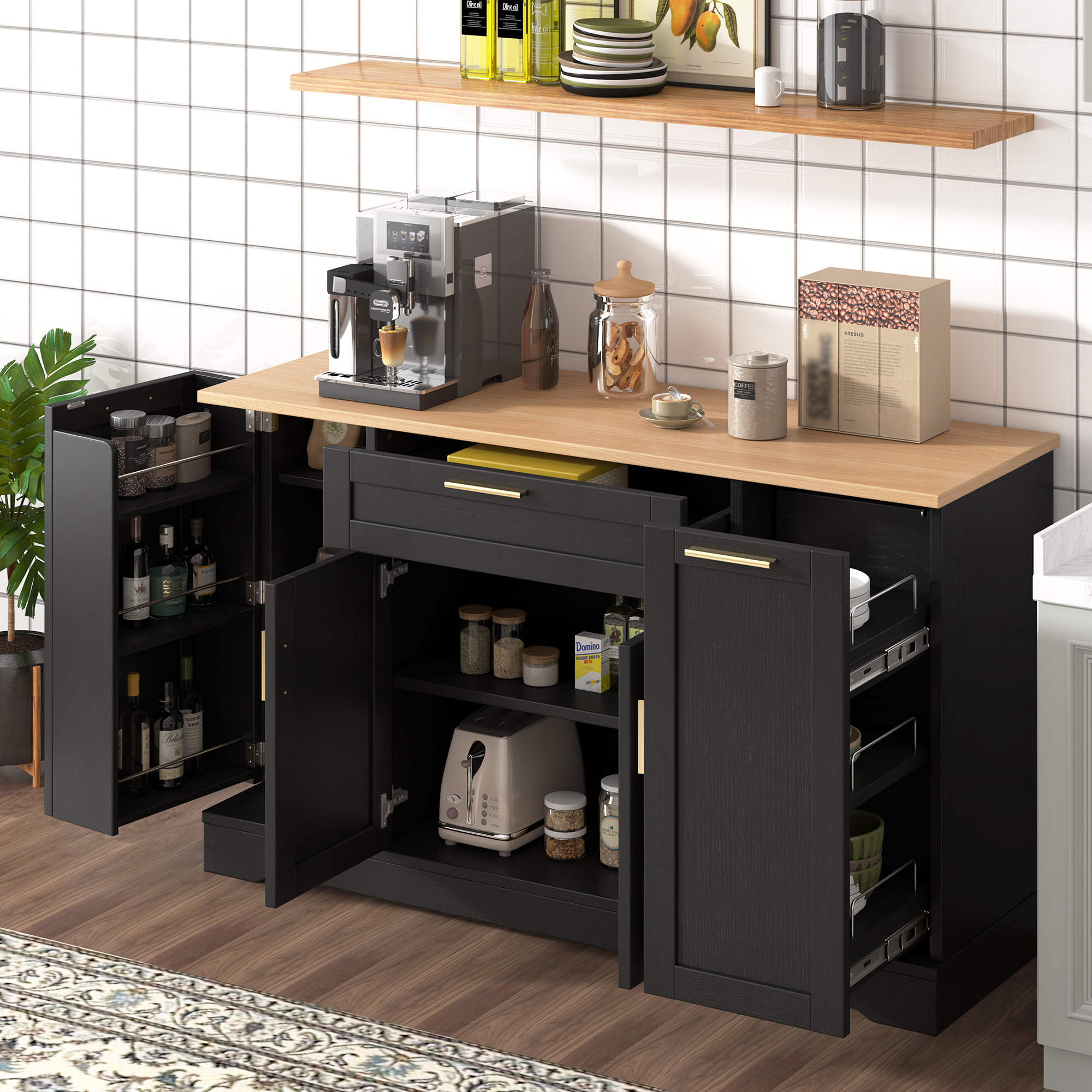 TREXM Multi-Functional Storage Sideboard Extendable Dining Table Adjustable Shelves 3-Tier Pull-Out Rack Kitchen Island Storage For Kitchen Dining Room Living Room Black_voghion.com