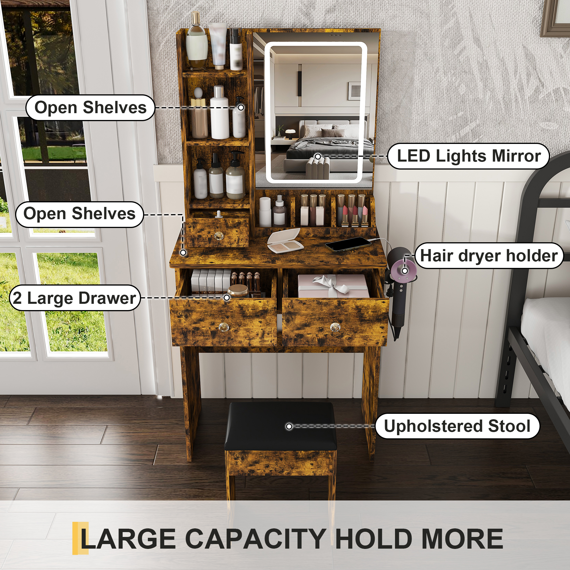 Modern Small Vanity Desk  Featuring 3 Modes Of LED Lighting With Adjustable Brightness  3 Drawers And Multiple Open Storage Shelves  A Hair Dryer Holder And Power Socket  And A Dressing Chair. Brown