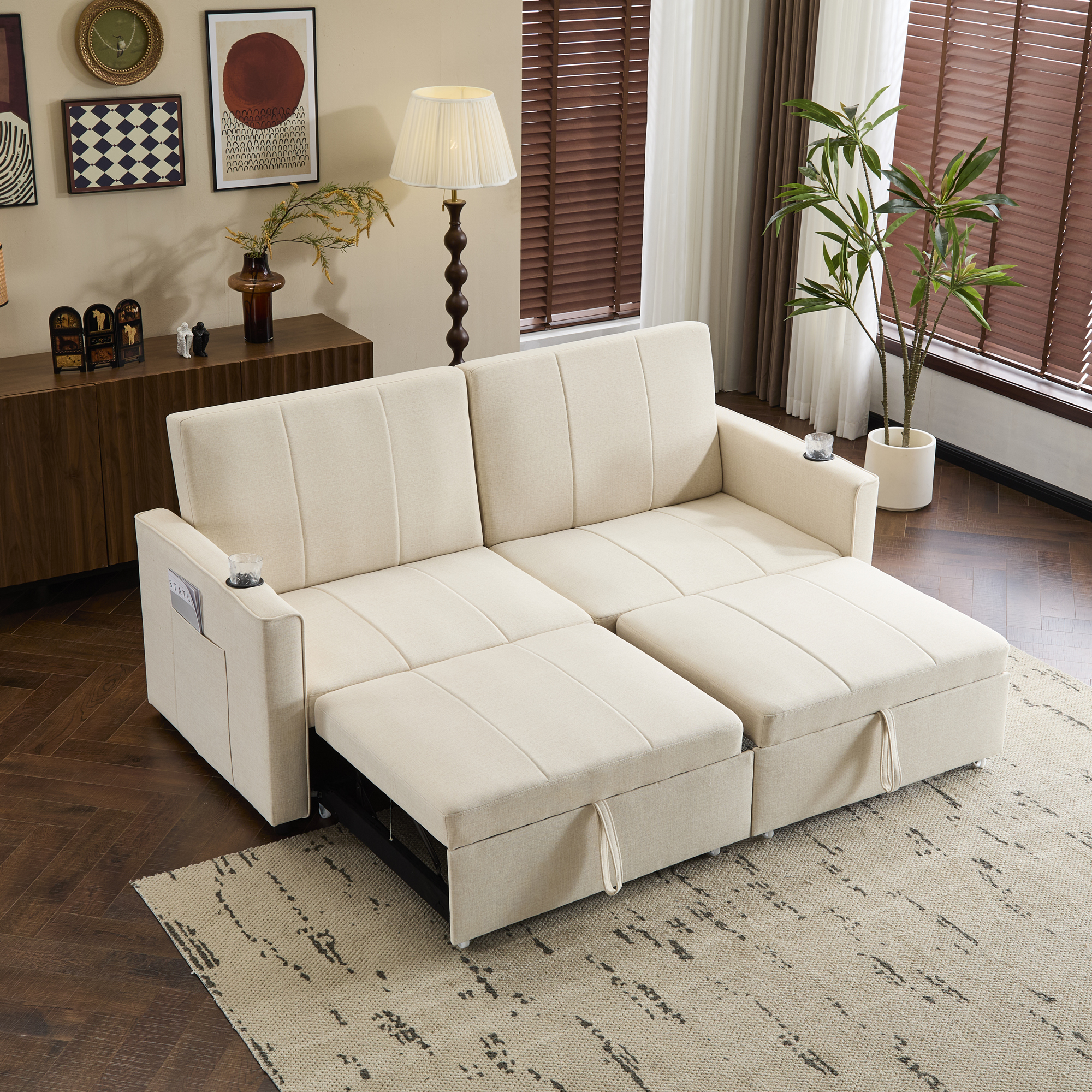 207cm King Size  Independent Pull Out Sofa Bed, Convertible Fabric Sofa Chair With Cup Holders, Side Pockets, Fabric Loveseat Couch Chaise Lounge For Living Room, Apartment