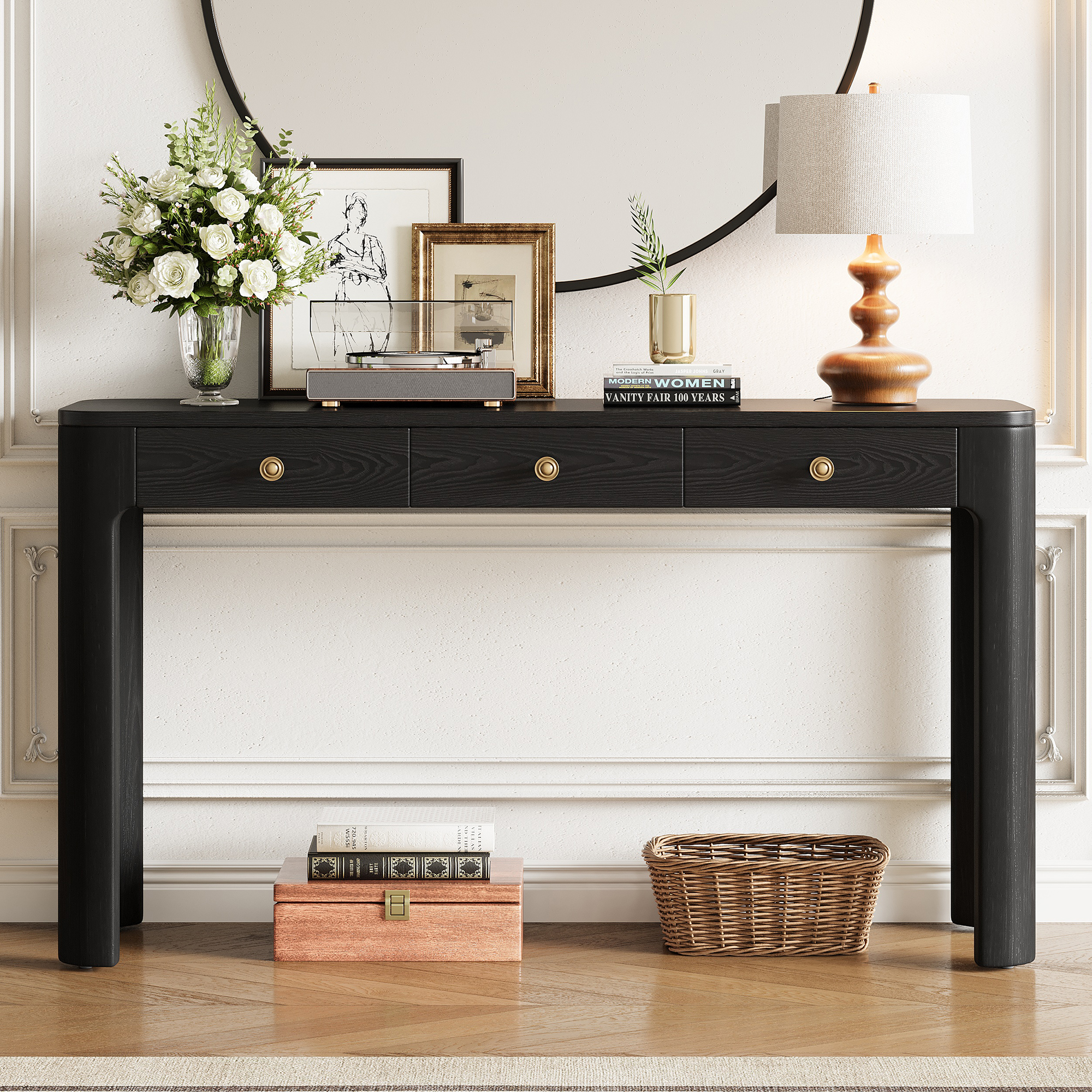 TREXM Rustic Console Table With Curved Corners For Safety  Entryway Table With 3 Concealed Drawers  Sturdy Sofa Table With Thick Legs For Hallway & Living Room  Black