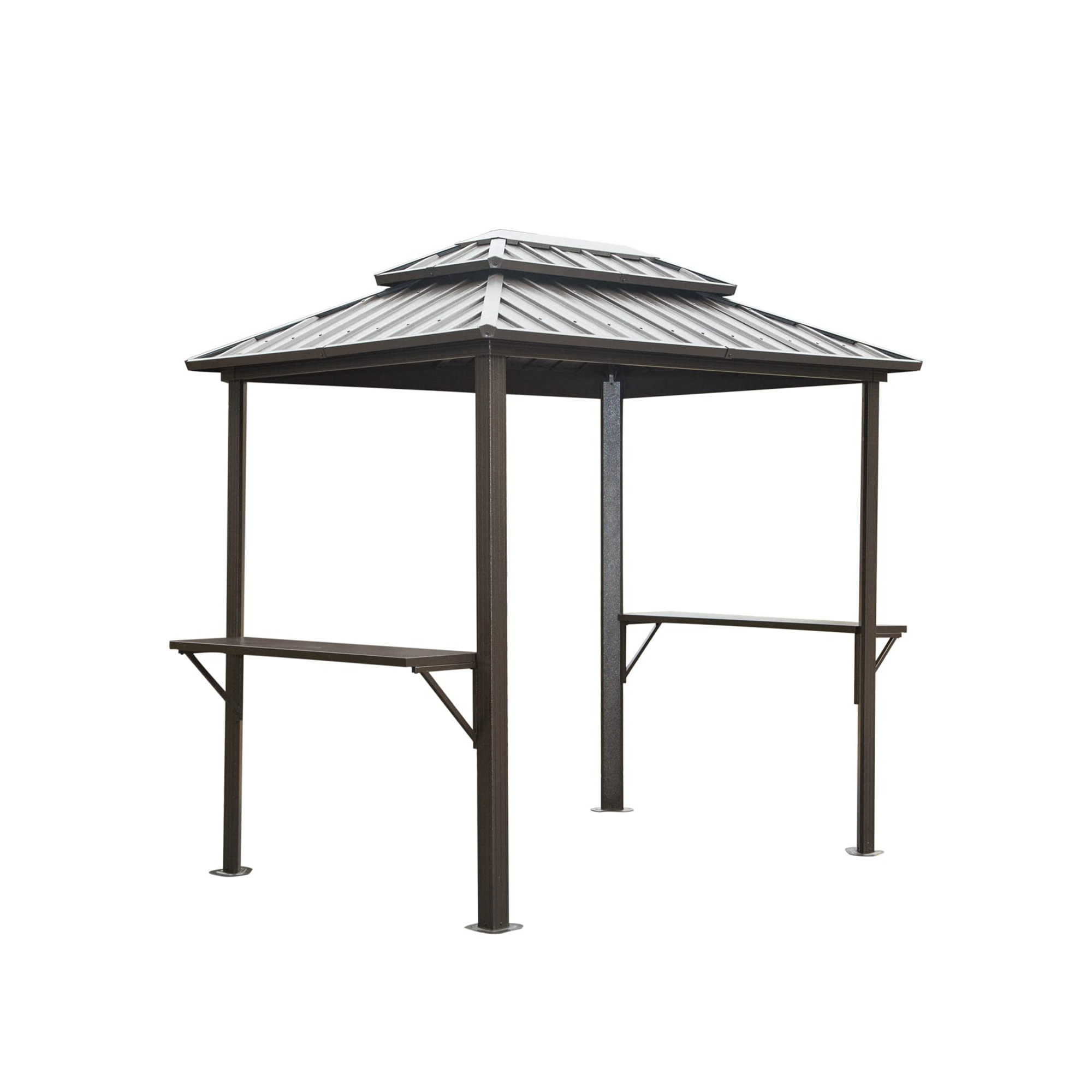 Grill Gazebo 8 X 6 , Aluminum BBQ Gazebo Outdoor Metal Frame With Shelves Serving Tables, Permanent Double Roof Hard Top Gazebos For Patio Lawn Deck Backyard And Garden Brown - Image 1