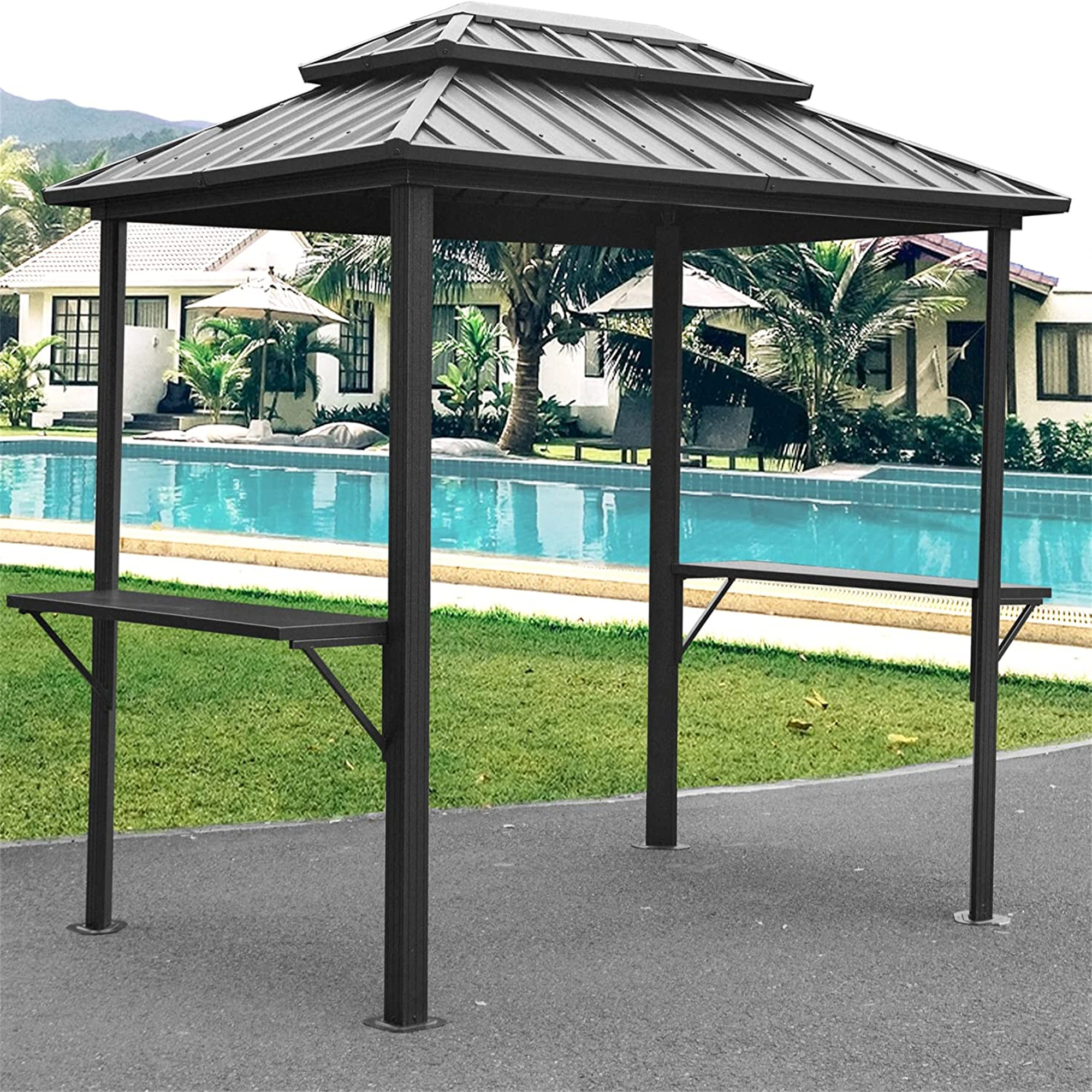 Grill Gazebo 8  X 6 , Aluminum BBQ Gazebo Outdoor Metal Frame With Shelves Serving Tables, Permanent Double Roof Hard Top Gazebos For Patio Lawn Deck Backyard And Garden  Grey