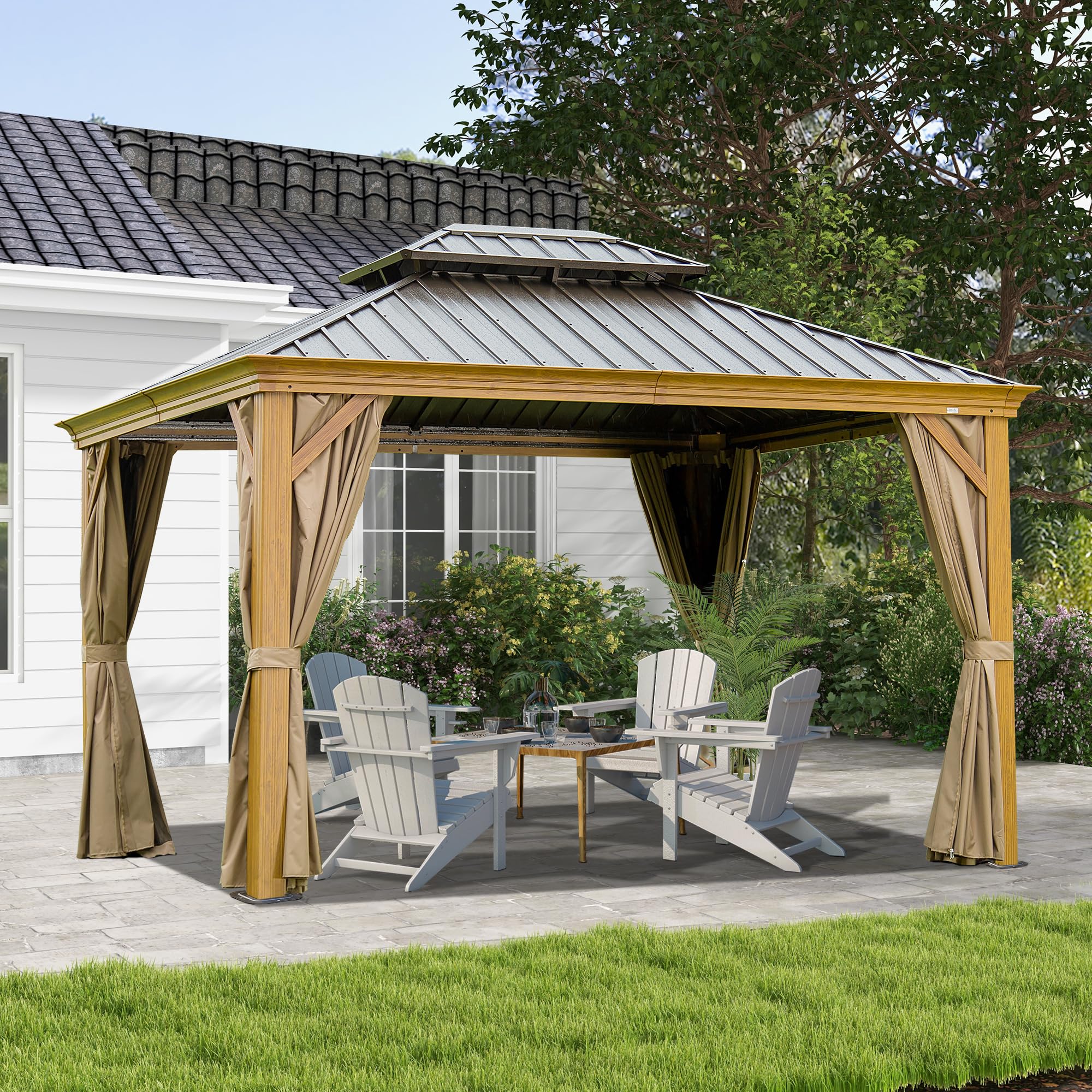 10  X 14  Hardtop Gazebo Outdoor Metal Gazebo Canopy With Galvanized Steel Double Roof, Wood Grain Aluminum Frame, Curtains And Netting For Patio, Deck, Garden