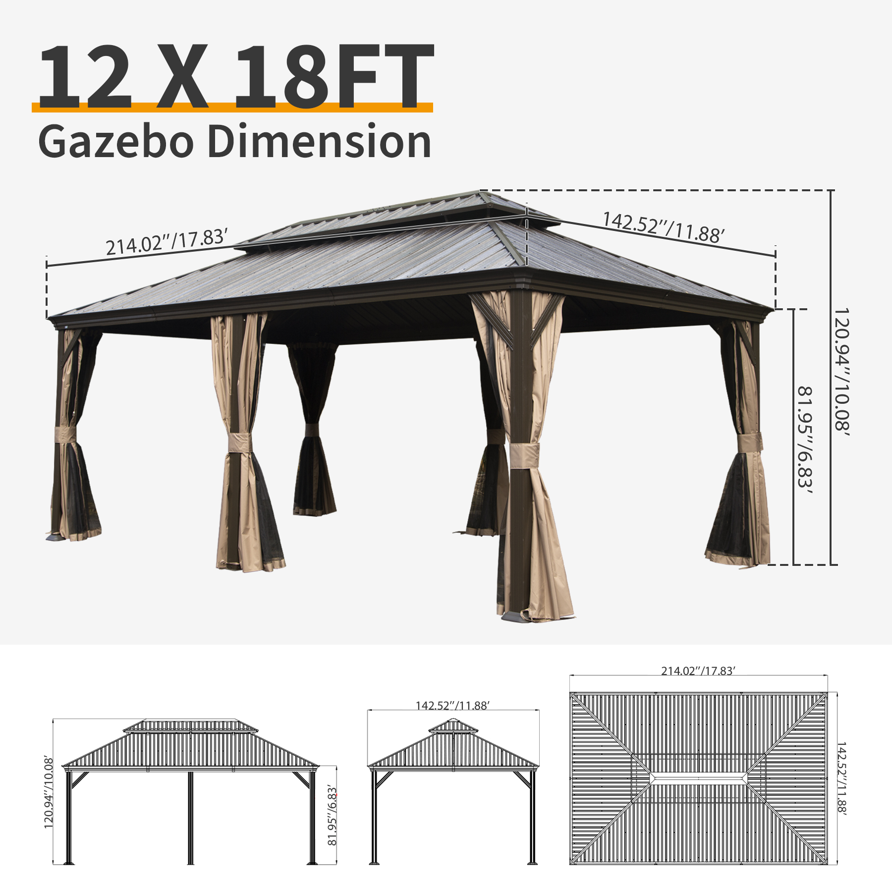12  X 18  Hardtop Gazebo, Upgraded Metal Gazebo With Drainage System, Dual-Layer Galvanized Steel Roof, Curtain And Netting, Outdoor Shelter Canopy For Patio, Garden, And Backyard, Brown